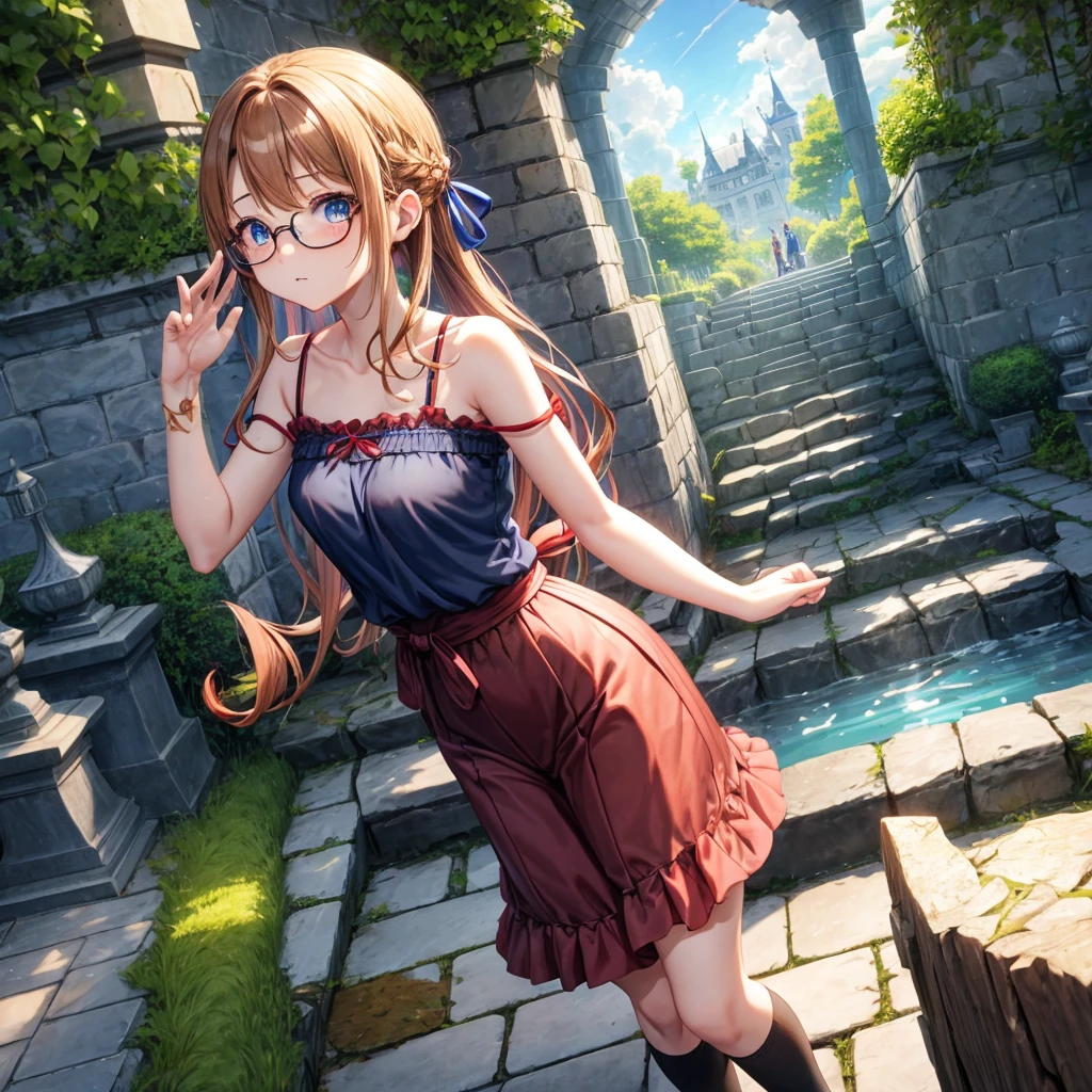 reddish-brown blonde、blue hair、blue eyes、Braid、one good looking girl、solo、anime、lattice柄のミニスカート、camisole、black t-shirt、Tilting your face、Doing the ribbon、Ribbon at waist、sunset sky、stone stairs、tunnel、Fallen leaves、wearing glasses、Burning、Light and shadow、maze、balloon、monster castle、lanthanum、corridor、Black socks、mossy stone、One leg is raised、lattice