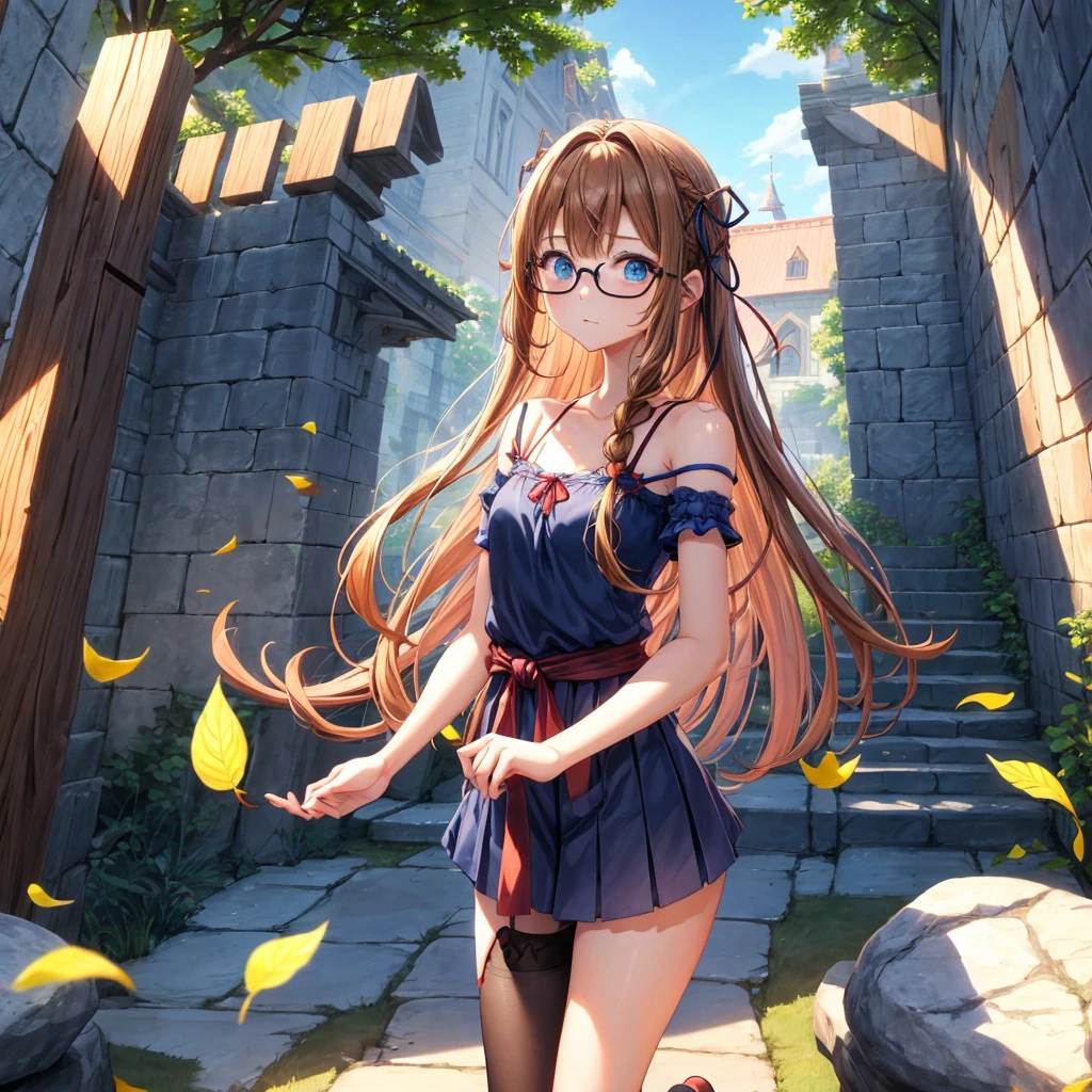 reddish-brown blonde、blue hair、blue eyes、Braid、one good looking girl、solo、anime、lattice柄のミニスカート、camisole、black t-shirt、Tilting your face、Doing the ribbon、Ribbon at waist、sunset sky、stone stairs、tunnel、Fallen leaves、wearing glasses、Burning、Light and shadow、maze、balloon、monster castle、lanthanum、corridor、Black socks、mossy stone、One leg is raised、lattice