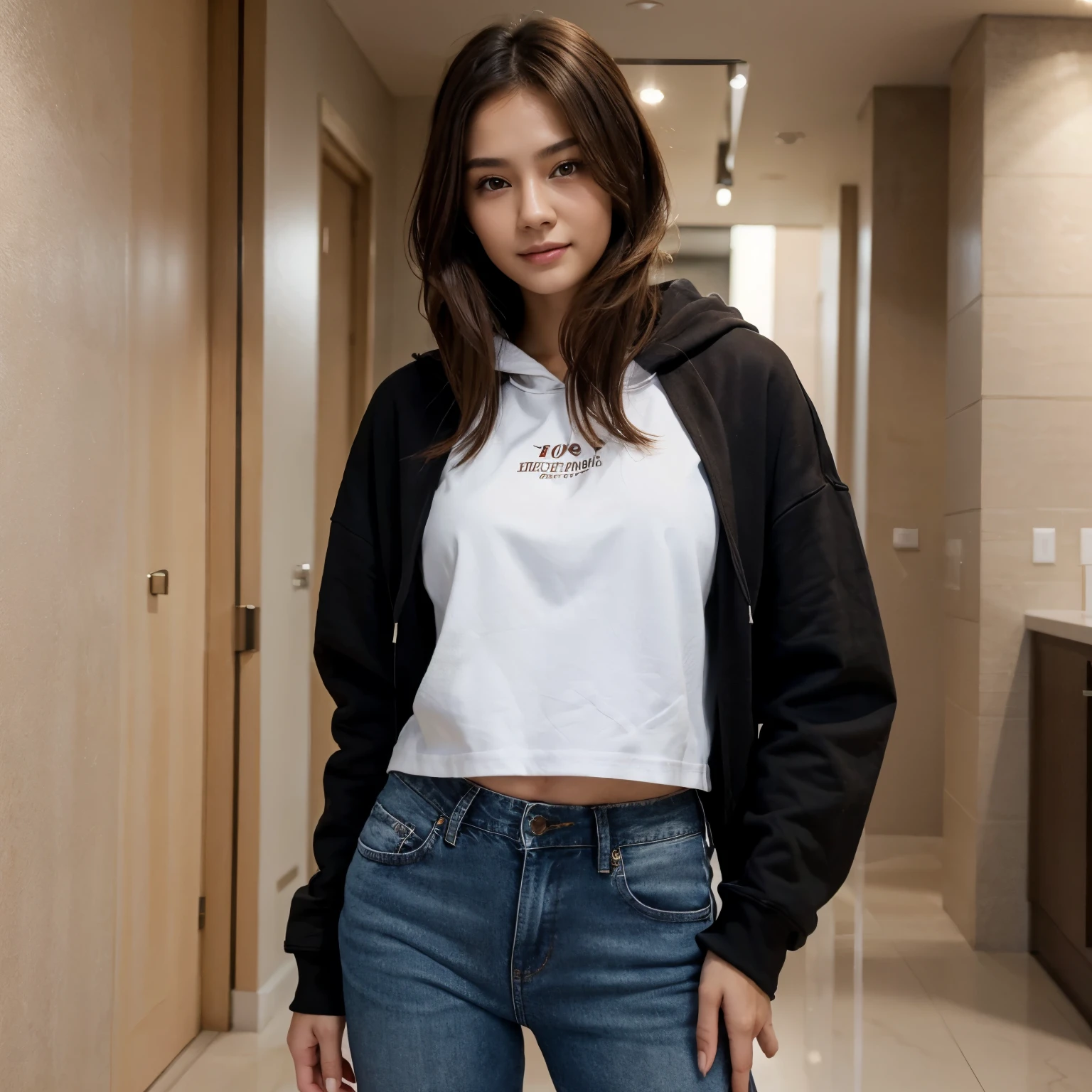 top-quality、masterpiece、超A high resolution、(realisitic:1.4)、Bautiful Women1、Beautiful detail eyes and skin、smile、Light brown middle-cut hair, She is Wearing a hoodie, gorgeous chinese model, photo of slim girl model, IG-Modell, beautiful female model, 24, 24 years old, white skin, long-sleeved shirt, black hoodie, long jeans
