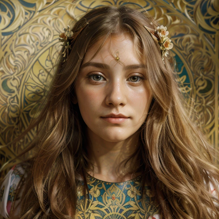 face portrait of a  European female , long curly hair, blond, floral frame, Decorative panels, abstract
artistic, by Alphonse Mucha
(Masterpiece, Best Quality, Highres:1.4), Detailed, Intricate Details, 4K, color splashes, line art,   fibonacci,