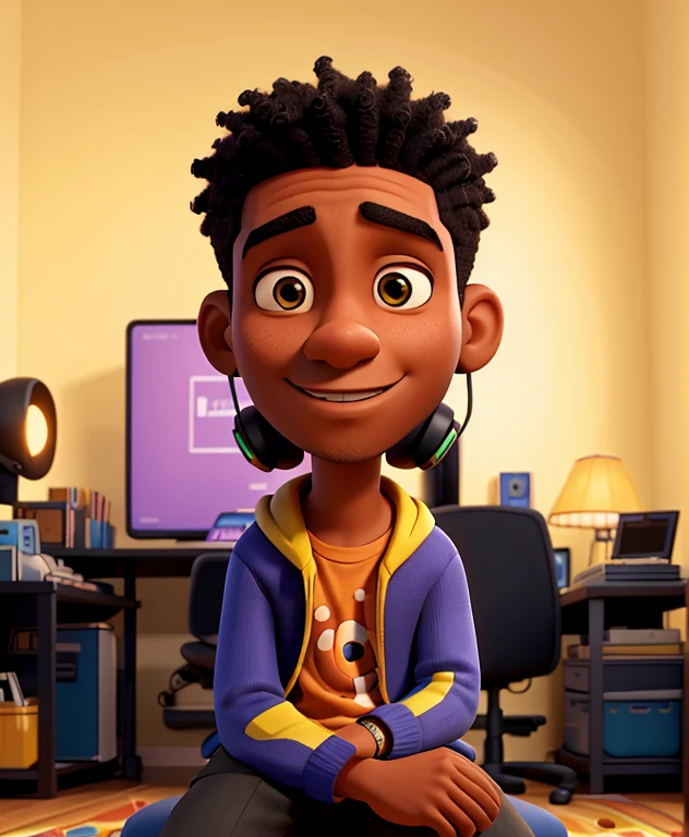 A black man, very short hair, with headphones, listening to music on his computer, sitting on the chair in his room, Disney Pixar style, with lights and a deep purple and golden yellow background, (best quality, high quality, ultra quality), colorful, vibrant, detailed, with a touch of magic, without glasses