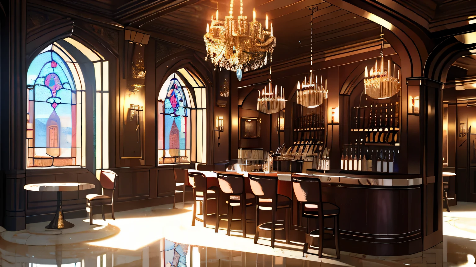 (((Masterpiece))), the best quality, super detailed CG unified 8k wallpaper, a medieval bar with bar, ornate decoration, marble floor, windows, neat tables and chairs, wine cabinet with wine barrels, bottled wine, tables, chairs, stairs, best resolution, best shadows, --v 6