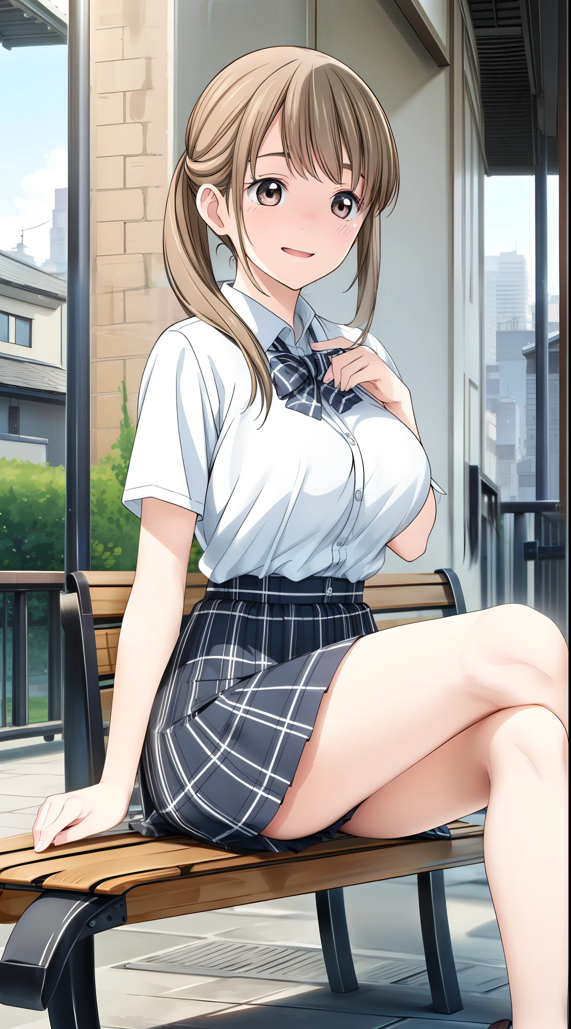 (best quality,4k,8k,highres,masterpiece:1.2),ultra-detailed,(realistic,photorealistic,photo-realistic:1.37)anime/cartoon character,girl,solo,big eyes,cute smile,big smiles,bright eyes,blushing,expressive eyes,huge breast,short skirt,,sitting on the bench,loafers,ribbon,bowtie,thigh-highs,cross leg,bustling schoolyard,beautiful flowers,bright sunny day,lush green grass,colorful trees,tall buildings in the background,vivid colors,bright colors,soft lighting,natural lighting,happy atmosphere,peaceful ambiance,joyful expression,playful pose,hands clasped,leaning slightly forward,shy gaze,relaxed posture,wind gently blowing,long flowing hair,perfectly styled hair,warm and inviting scenery,intimate setting,calm and serene environment,sense of innocence,attention to detail,expressive brushstrokes,lifelike textures,smooth and soft shading,subtle blush on cheeks,pure and youthful appearance,enchanting charm,playful expressions,storybook-like atmosphere,fantasy-inspired aesthetics,meticulously rendered details,precise line work,meticulous attention to anatomy,attention to clothing folds,dainty and delicate features,delicate color gradients,highly stylized,animed-fashioned character,dynamic and energetic,whimsical and vibrant,colorful and lively,radiant and cheerful,vibrant and eye-catching.