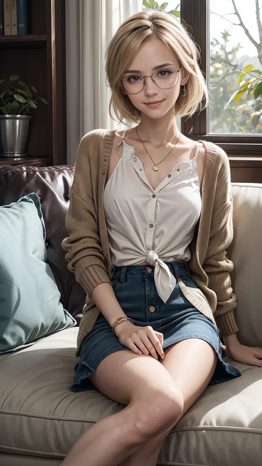 25-year-old Caucasian woman、blonde、blue eyes、long hair、I use a hair band to tie my hair together、smile、accessories on the wrist、Slender but well-proportioned muscular body、smile、big chest、Wearing a cardigan、wearing a loose skirt、I'm sitting relaxing on the sofa by the window in the living room.、smile、wears blue frame glasses、Reading a book