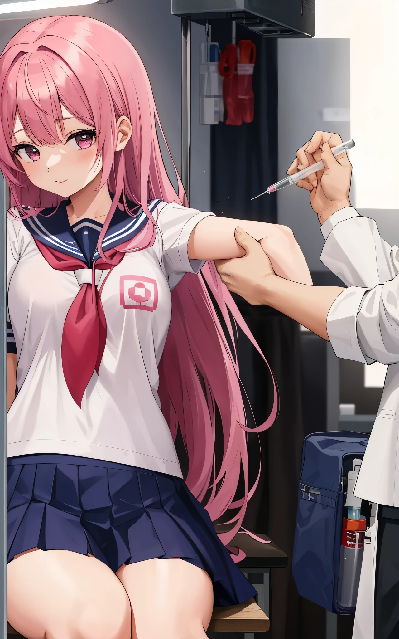 High school girl in a sailor suit with pink hair receiving vaccination、A man grabs your arm and takes a syringe and stabs it into your upper arm.