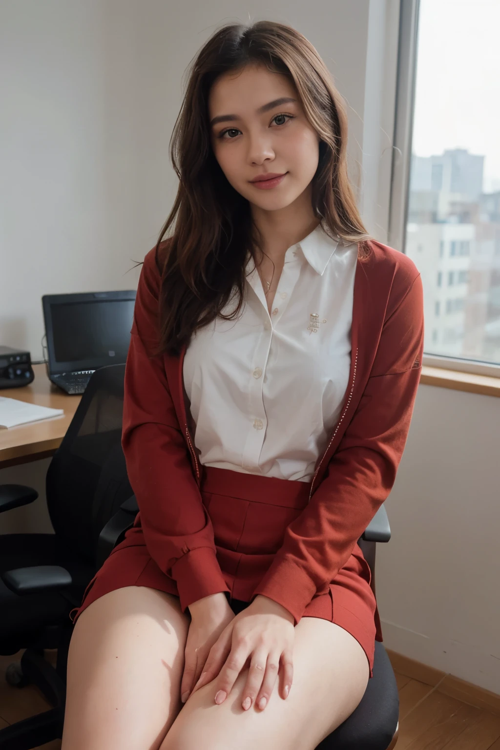 top-quality、masterpiece、超A high resolution、(realisitic:1.4)、Bautiful Women1、Beautiful detail eyes and skin、smile、Light brown middle-cut hair, She is Wearing a shirt and red suit, gorgeous chinese model, photo of slim girl model, IG-Modell, beautiful female model, 24, 24 years old, shirt and red suit, white skin, long-sleeved shirt, office, sitting on the chair in office room, a laptop, long skirt