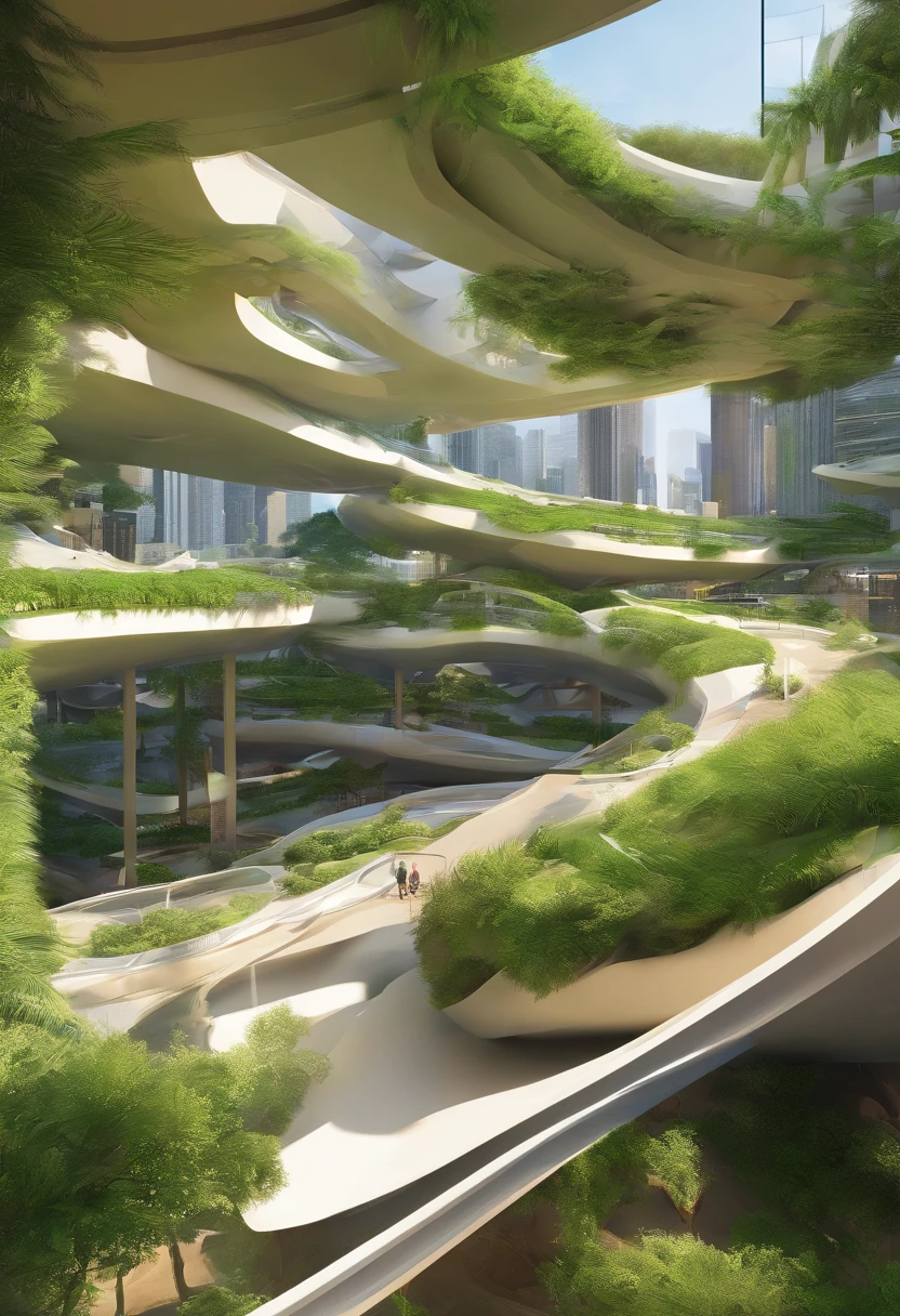 arafed view of a city with a building and a green roof, by Zha Shibiao, inspired by Zha Shibiao, shenzhen, rounded architecture, in style of zaha hadid architect, zaha hadid style architecture, curvilinear architecture, zaha hadid building, view from above, huge futuristic building, zaha hadid architecture,