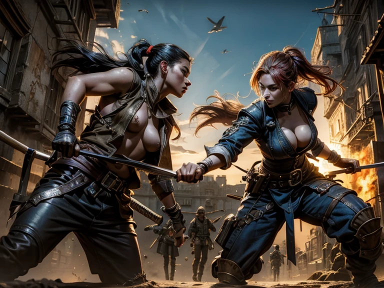 best quality), (high detail), (vivid colors), (action), a beautiful female pirate, sword fighting, a female ninja, HDR, 4K, 3D, graffiti art style.