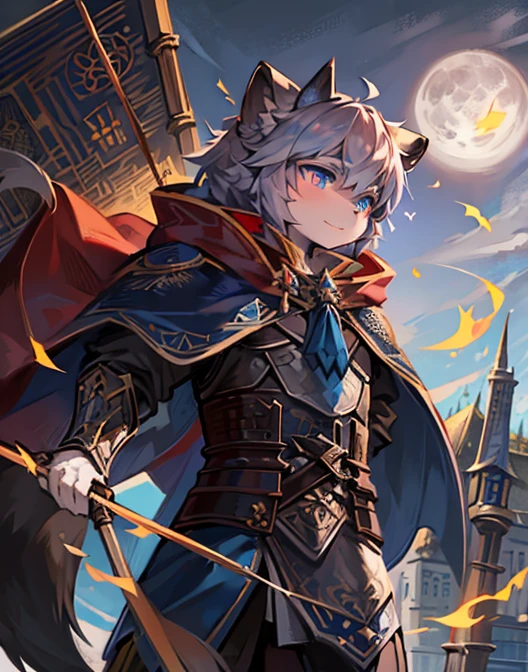 A raccoon,blue pupils,Wear armor,Shabby cloak,holding a long spear,Stand on the city wall,heavily clouded,flame,bow and arrows,long sword,Round ears,waving flag,flame of war,moon,A serious look,Look into the distance