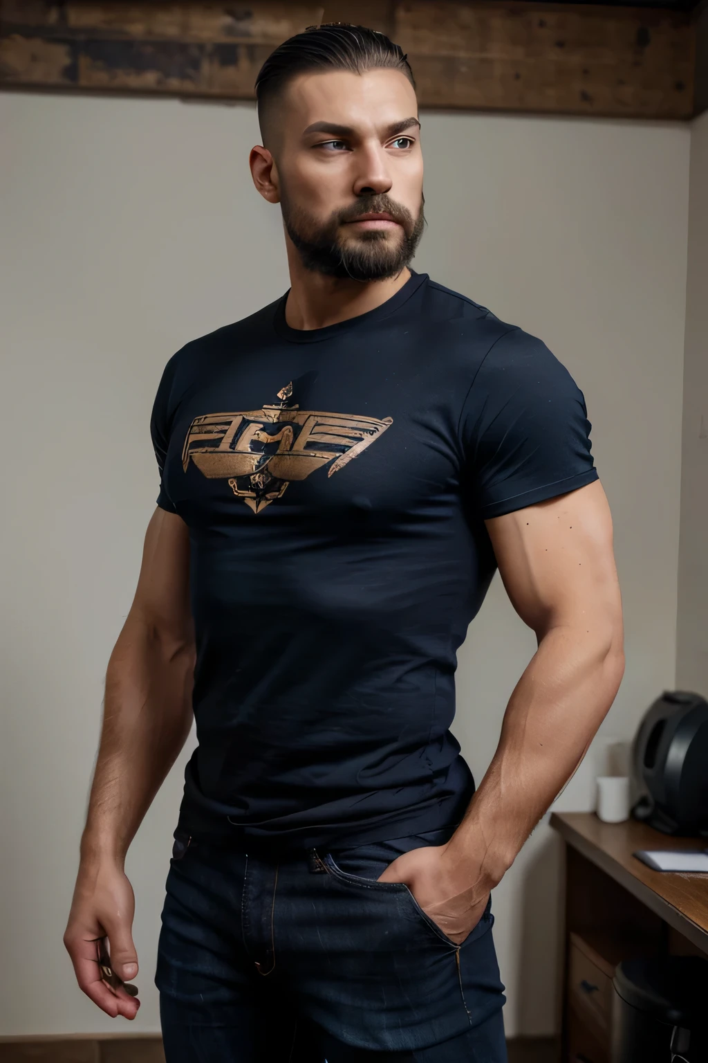 muscular man, 12% body fat, long hair on top of head, side and back of head shaved bare, brown hair, beard and moustache, smouldering look, dark blue t-shirt, black jeans, confident projection, excellent posture
