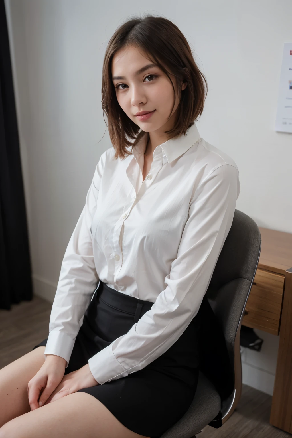 top-quality、masterpiece、超A high resolution、(realisitic:1.4)、Bautiful Women1、Beautiful detail eyes and skin、smile、Light brown middle-cut hair, She is Wearing a shirt and black suit, gorgeous chinese model, photo of slim girl model, IG-Modell, beautiful female model, 24, 24 years old, shirt and black suit, white skin, long-sleeved shirt, office, sitting on the chair in office room