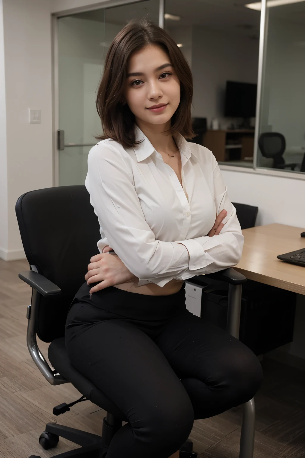 top-quality、masterpiece、超A high resolution、(realisitic:1.4)、Bautiful Women1、Beautiful detail eyes and skin、smile、Light brown middle-cut hair, She is Wearing a shirt and black suit, gorgeous chinese model, photo of slim girl model, IG-Modell, beautiful female model, 24, 24 years old, shirt and black suit, white skin, long-sleeved shirt, office, sitting on the chair in office room