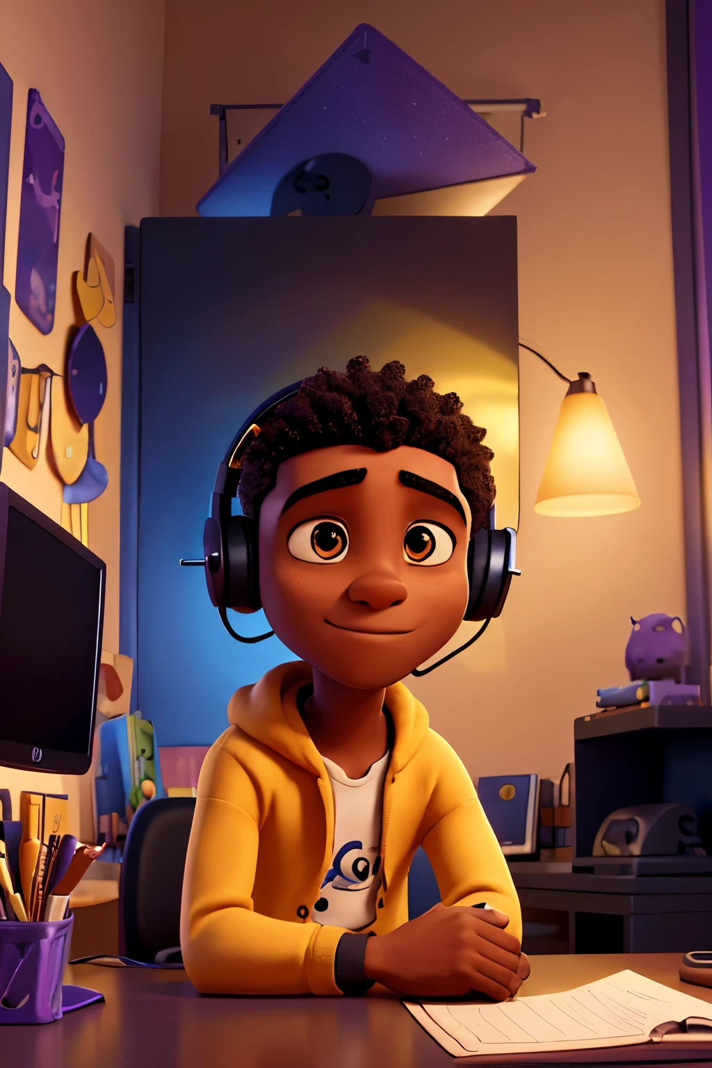 A black man, very short hair, with headphones around his neck, listening to music on the computer, sitting on the chair in his room, Disney Pixar style, with lights and a deep purple and golden yellow background, (best quality, high quality, ultra quality), colorful , vibrant, detailed, with a touch of magic, without glasses