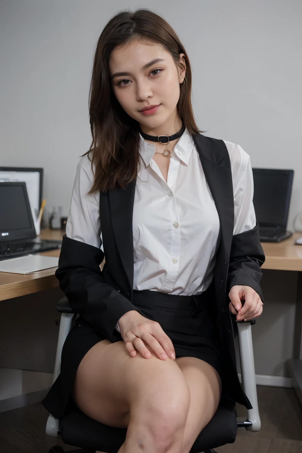 top-quality、masterpiece、超A high resolution、(realisitic:1.4)、Bautiful Women1、Beautiful detail eyes and skin、smile、Light brown middle-cut hair, She is Wearing a shirt and black suit, gorgeous chinese model, photo of slim girl model, IG-Modell, beautiful female model, Choker, 24, 24 years old, shirt and black suit, white skin, long-sleeved shirt, office, sitting on the chair in office room