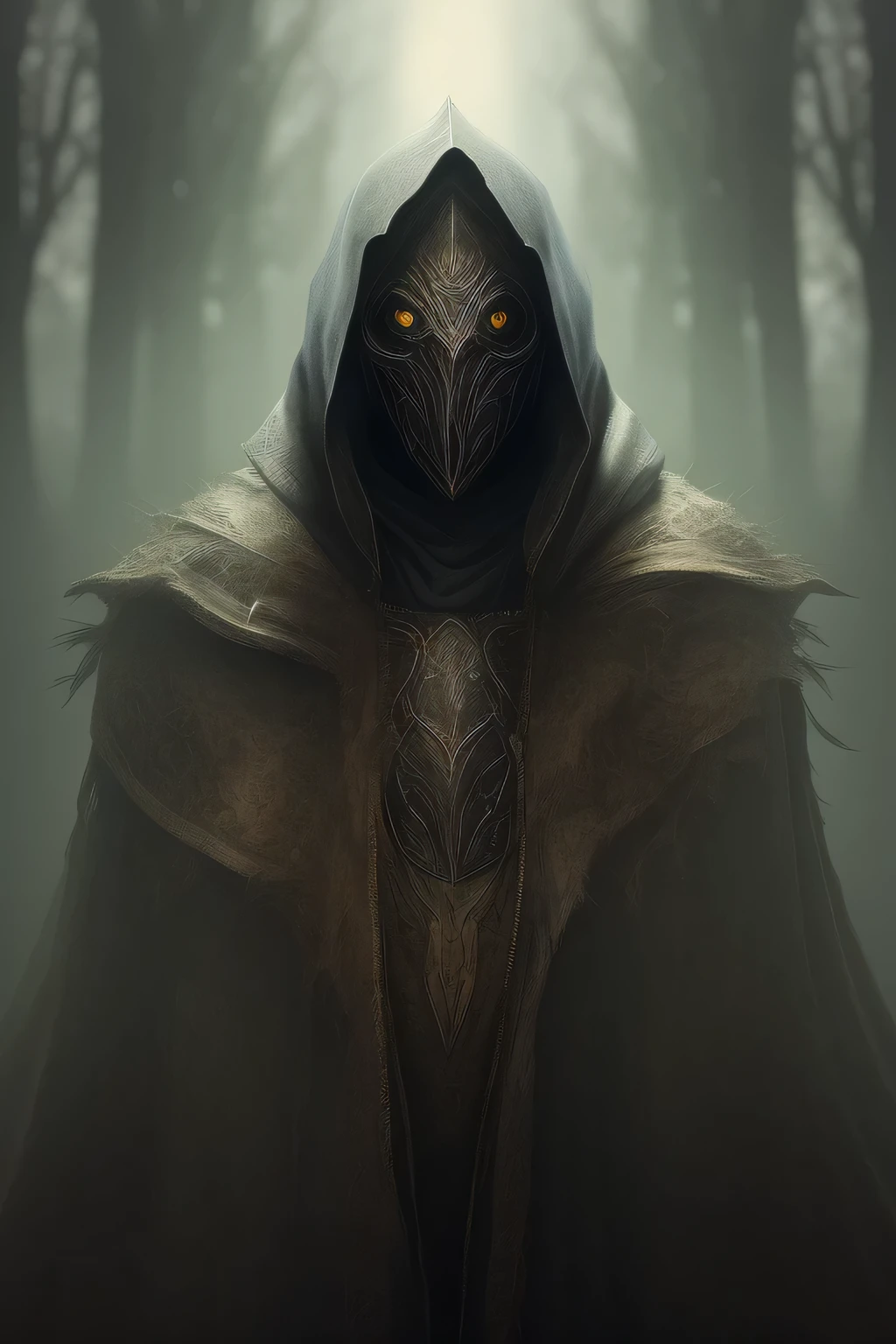 Hooded character mask with teeth and bricoons in the back there is fire