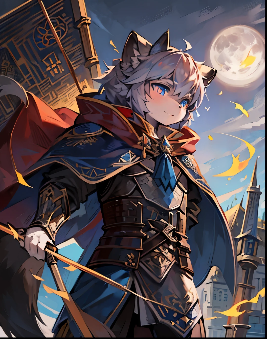 A raccoon,blue pupils,Wear armor,Shabby cloak,holding a long spear,Stand on the city wall,heavily clouded,flame,bow and arrows,long sword,Round ears,waving flag,flame of war,moon,A serious look,Look into the distance