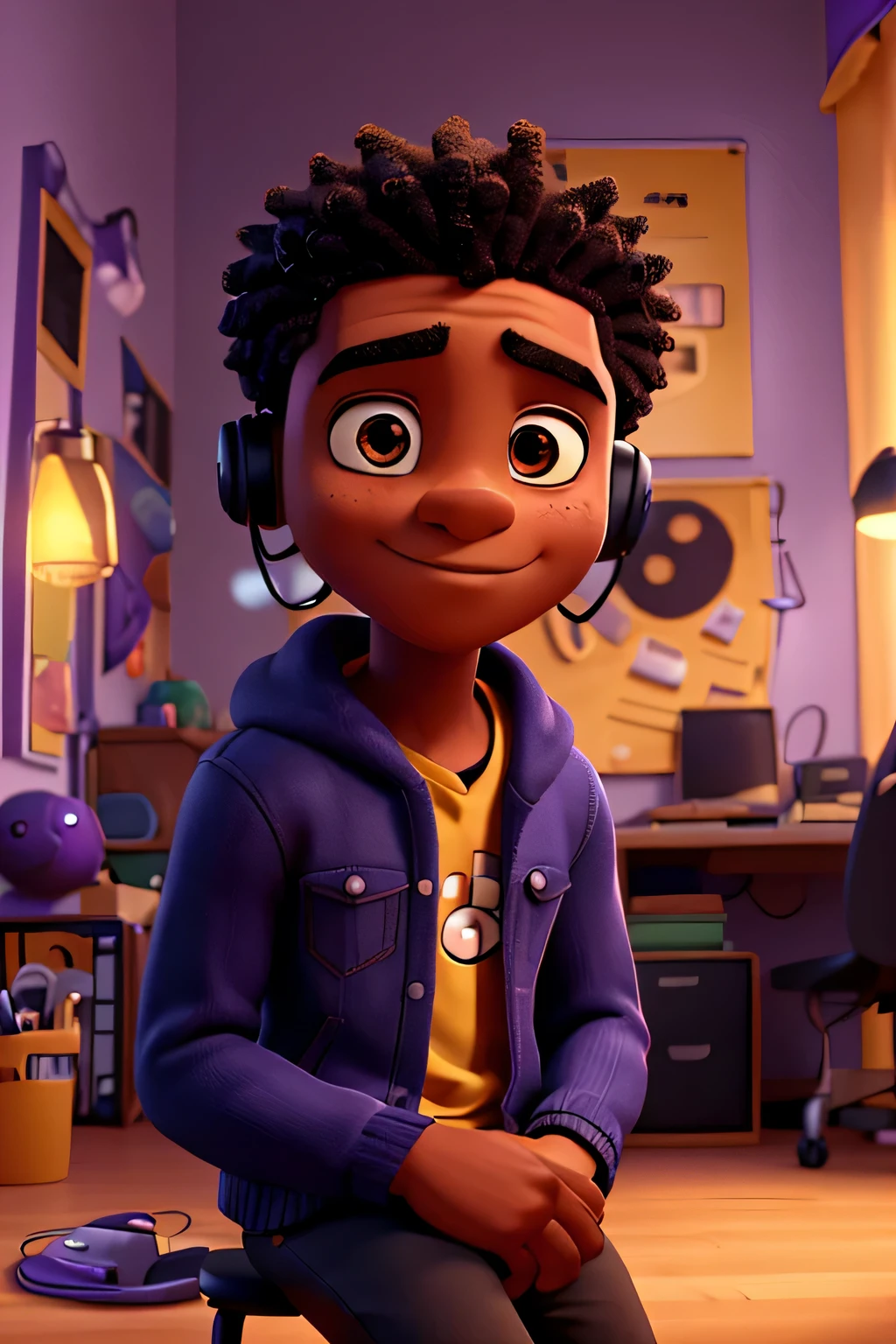 um homem ?????, Cabelo Muito Curto, with headphones on the neck, listening to music on the computer, sentado na cadeira do quarto dele, Estilo Disney Pixar, com luzes e um fundo roxo profundo e amarelo dourado, (melhor qualidade, alta qualidade, ultra qualidade), colorida , vibrante, detalhado, com um toque de magia, sem oculos