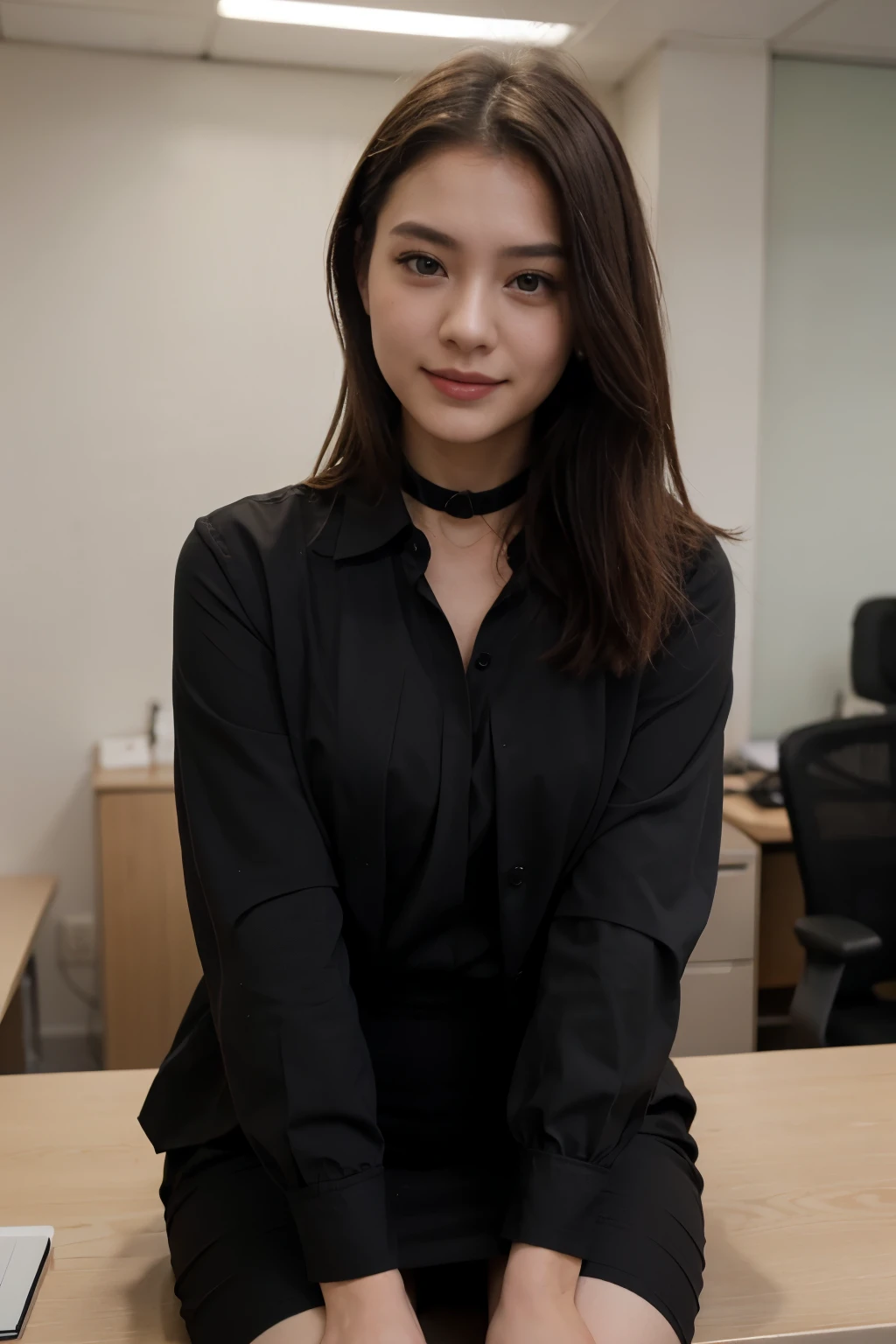 top-quality、masterpiece、超A high resolution、(realisitic:1.4)、Bautiful Women1、Beautiful detail eyes and skin、smile、Light brown middle-cut hair, She is Wearing a shirt and black suit, gorgeous chinese model, photo of slim girl model, IG-Modell, beautiful female model, Choker, 24, 24 years old, shirt and black suit, white skin, long-sleeved shirt, office, sitting in office room