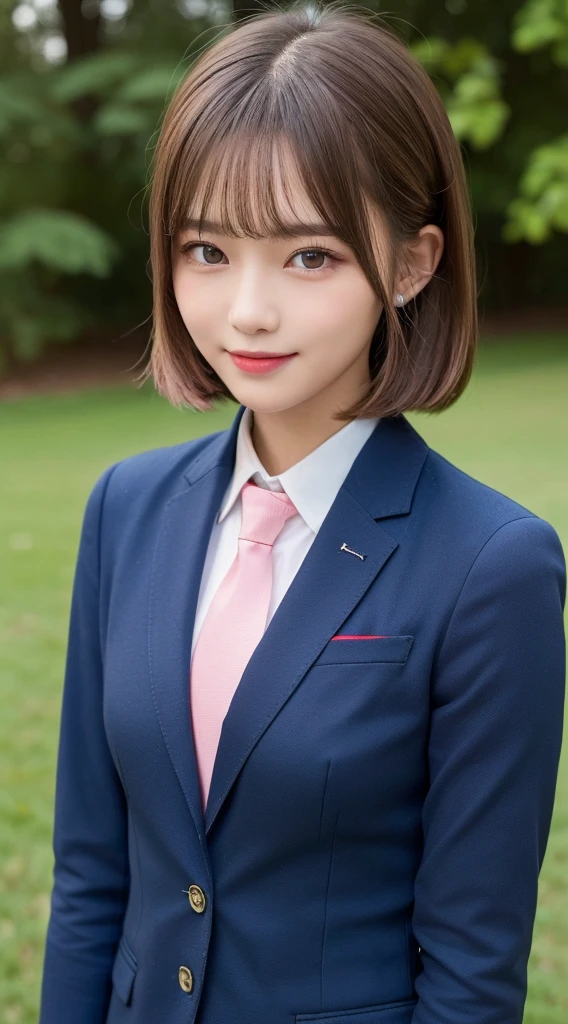((highest quality, 8K, masterpiece:1.3)), 1 girl, slim, (hairstyle casual, big:1.2), (pink y-shirt, red tie, dark blue blazer:1.2), super slender face, delicate eyes, double eyelid, bright smile, schoolyard, grass
