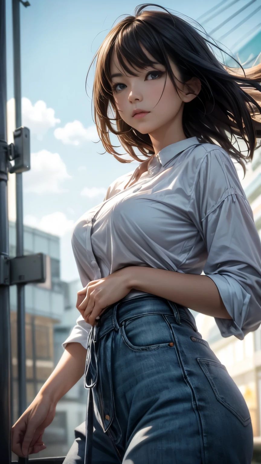 (best quality,4k,8k,highres,masterpiece:1.2),ultra-detailed,(realistic,photorealistic,photo-realistic:1.37), profesional photograph, natural light, portraits, a japanese bare girl, office blouse, vintage look, soft glow, elegant beauty, detailed blue grey eyes, elegant pose, delicate skin texture, flowing hair, innocent expression, body posture, naturally sagging breast, feel tired waiting for someone, subtle shadows, wonderful sky and clouds background, shallow depth of field, high contrast, fine art photography, low angle, (seen from below:1.3), photon mapping, sadness atmosphere
