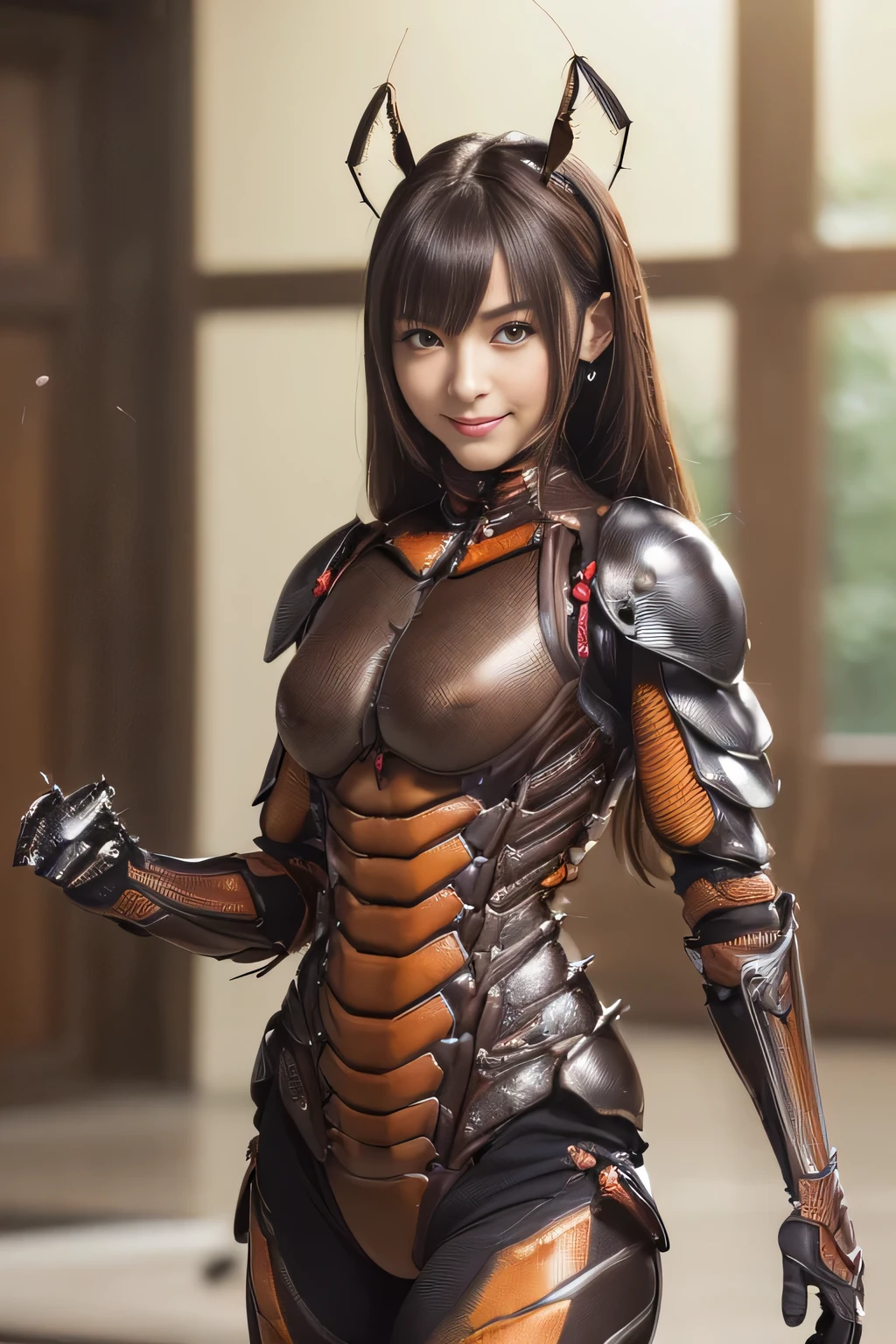 (High resolution,masterpiece,highest quality,Very detailed CG, anime, official art:1.4), realistic, photograph, amazing detail, all complicated, luster and luster,great many layers, 8k wallpaper, 3D, sketch, cute, figure,( alone:1.4), perfect female proportions,villain&#39;s daughter, (Fusion of dark brown cockroach and lady:1.4), (brown cockroach form lady:1.2), (brown cockroach woman:1.2), (Fusion:1.2), (alone:1.4), (evil smile:1.2), muscular, abs, (Cockroach brown exoskeleton bio insect suit:1.4), (Cockroach brown exoskeleton bio insect armor:1.2), (brown transparent cockroach feathers:1.4), (brown cockroach antenna:1.3),