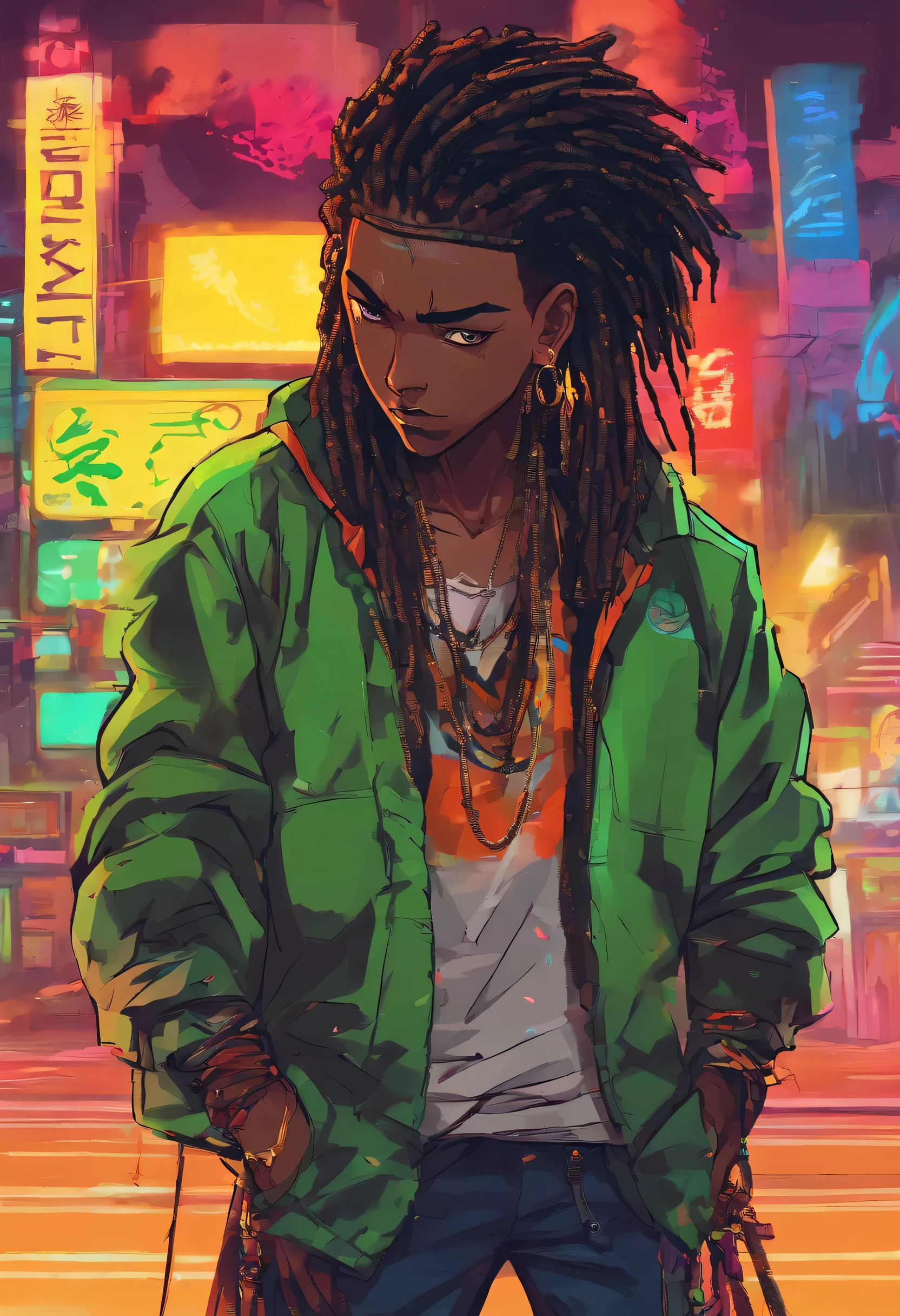 (Qualidade Superior, 16k, master part: 1.3)), jovem branco;1.2 , 2 0 anos) com dreadlocks pretos escuros e uma camisa branca, fanart de menino urbano, solo portrait 🎨🖌️, estilo de arte desconhecido, retrato detalhado do caractere, black anime manga girl, fundo urbano da favela brasil , Olhos verdes aqua, Anime detalhado soft face, menino anime, estilo anime masculino, retrato de meio corpo, Textura altamente detalhada do rosto e da pele, Detailed eyesanime dark-skinned teen with chain around her neck and dark brown jacket, ele tem dreadlocks pretos, Heterocormia, olhos multicoloridos((The left eye is green, The right eye is red )), badass anime 8 k, arte digital do anime cyberpunk,