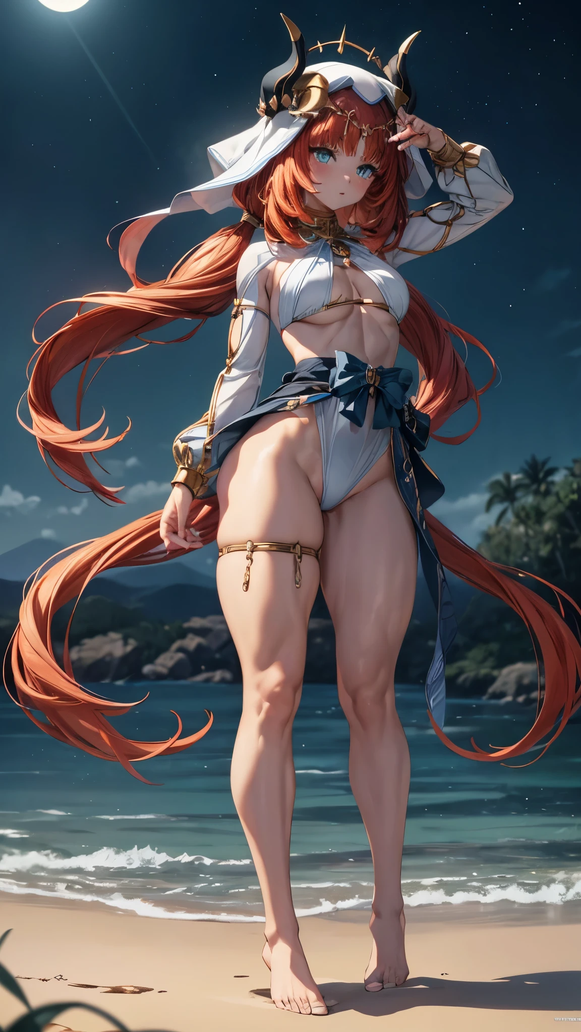 a girl, (Nilou from Genshin Impact), with a straight haircut, big and expressive eyes, (wearing a very short and sensual bikini), (wearing blue nail polish on her hands and blue nail polish with pink on her feet), ((( thin, muscular legs))), blue eyes, (((nilou))), red hair, long, mesmerizing hair, medium breasts, (muscular belly), wide hips, thin waist, big ass, perfect feet with very fine toes detailed, Perfect hands and fingers very well detailed, toenails a little square, standing, barefoot, full body photo, on the beach, at night with starry sky and full moon in the sky, bad mood, reflection in the eye, Bright eyes , Sulking, anime, anime style, Cinematic lighting, ray tracing, Panorama, Sony FE, high definition, artwork, anatomically correct, Textured skin, super detail, high quality, high resolution, high definition, 16k Consume