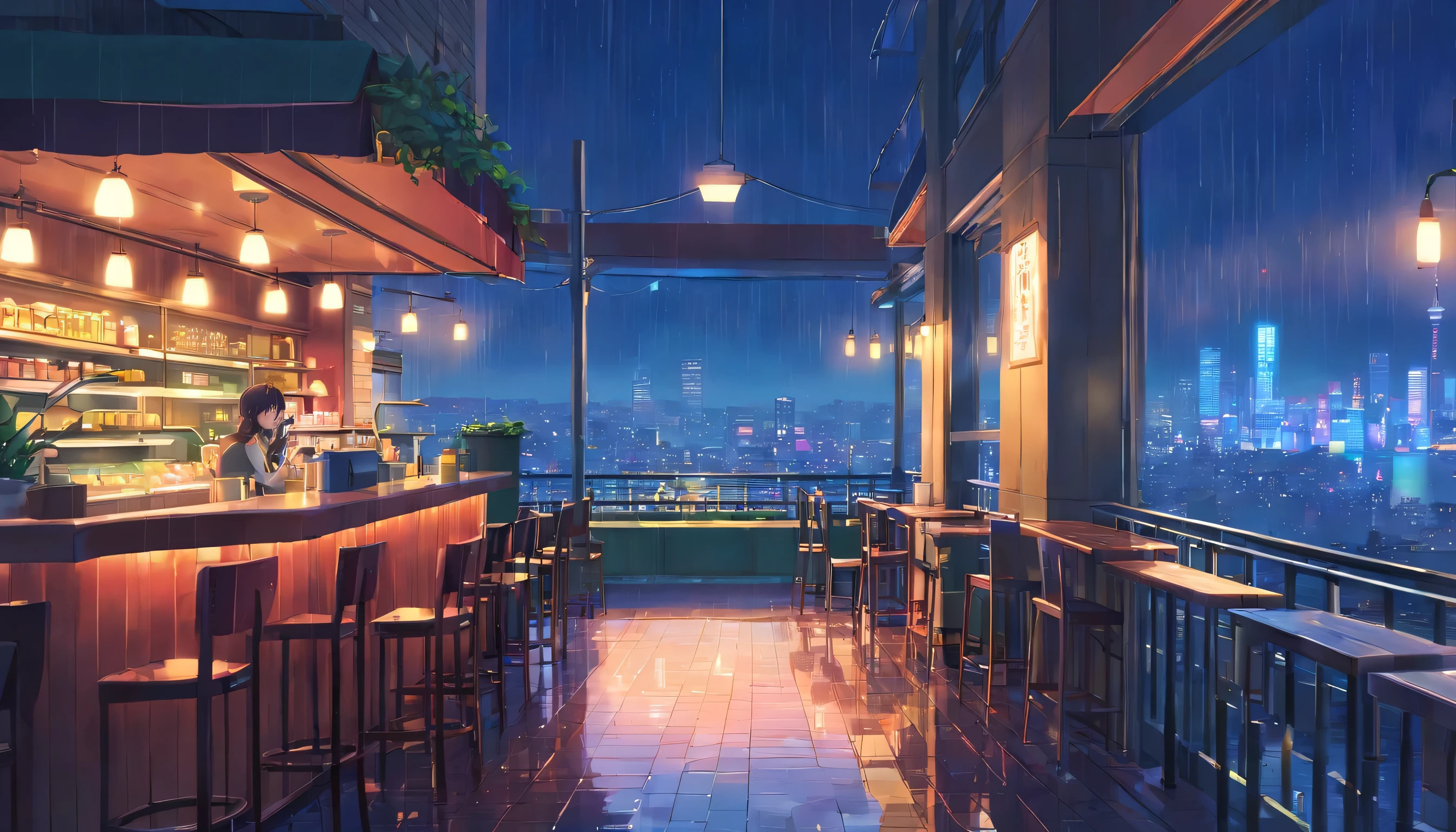 unmanned, night, rain, tokyo, cafe, large window overlooking beautiful city scenery, (staring at the scenery), whisky, wine, jazz vibes