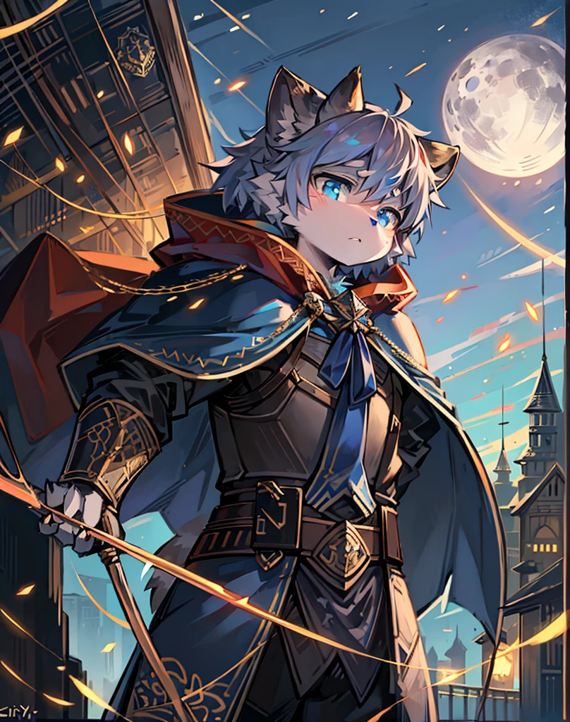 A raccoon，blue pupils，Wear armor，Shabby cloak，holding a long spear，站在city wall上，heavily clouded，flame，bow and arrows，long sword，Round ears，waving flag，flame of war，moon，A serious look，Look into the distance，city wall