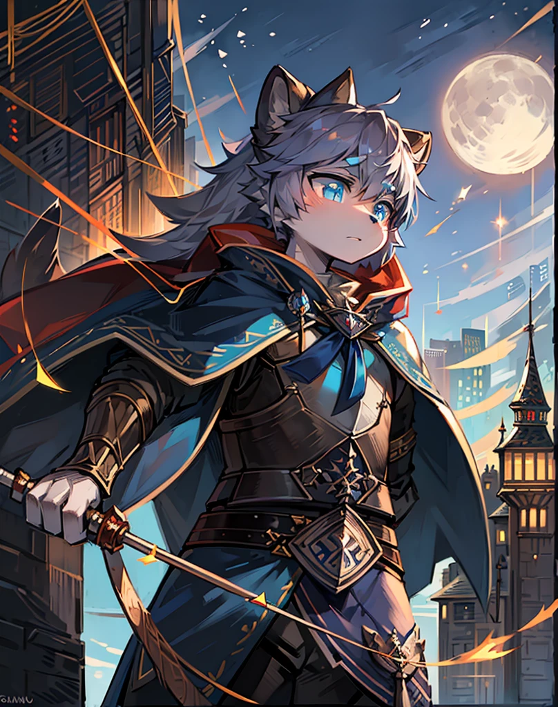 A raccoon,blue pupils,Wear armor,Shabby cloak,holding a long spear,站在city wall上,heavily clouded,flame,bow and arrows,long sword,Round ears,waving flag,flame of war,moon,A serious look,Look into the distance,city wall