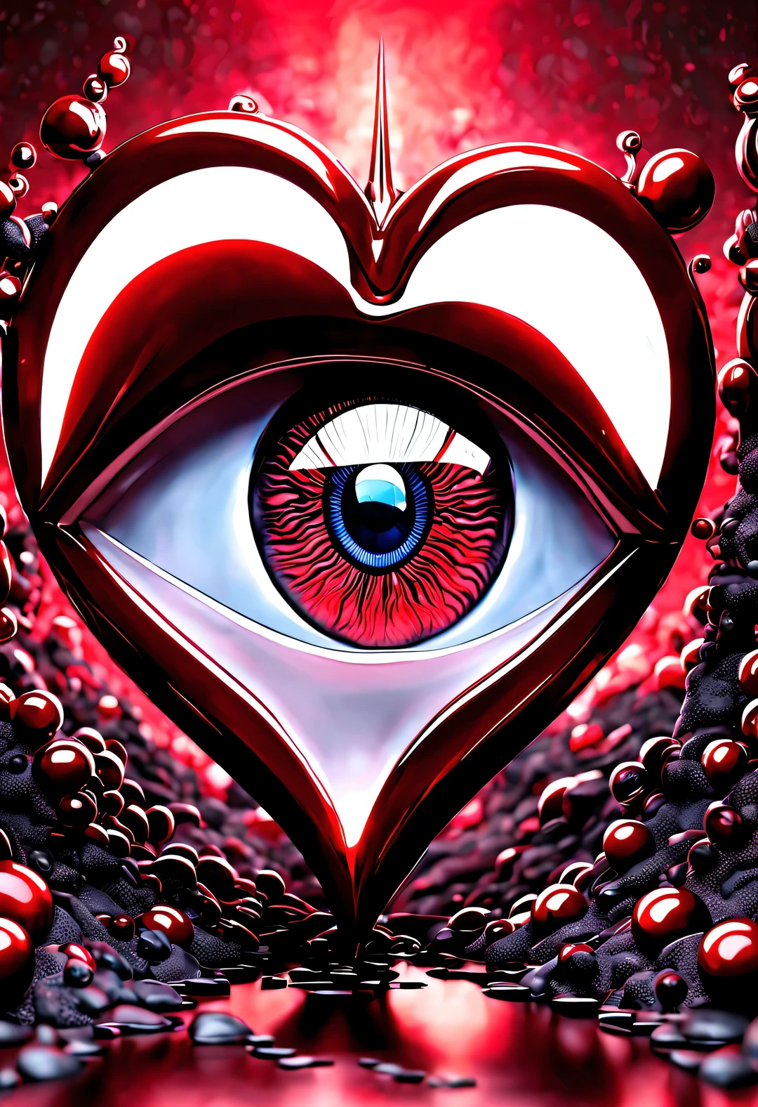 (miniature eyes in crimson heart: 1.3), background: Body contours, black light art, cartoonish style, comic style, fantasy, 3d rendering, modern, Surrealism, Pixar,