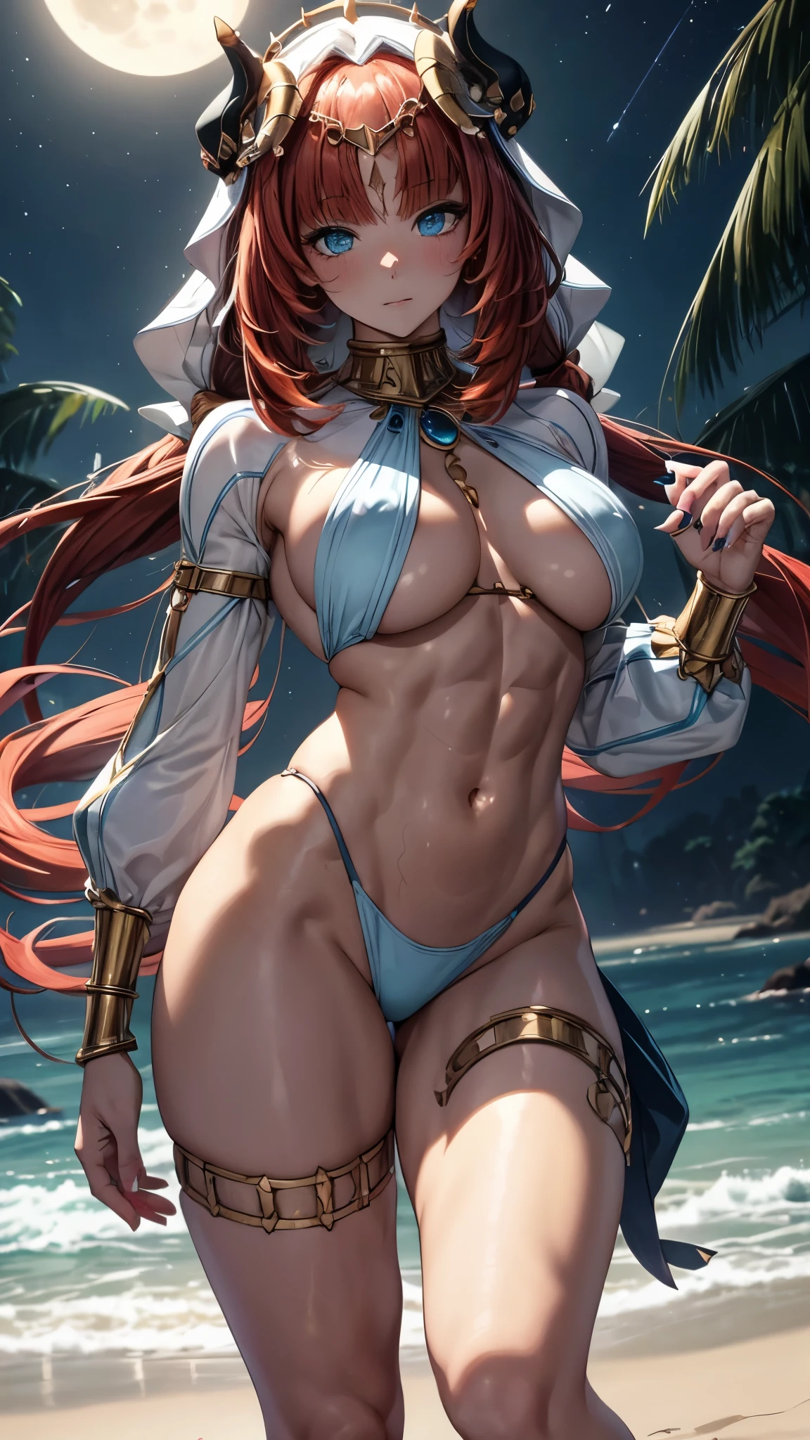 a girl, (Nilou from Genshin Impact), with a straight haircut, big and expressive eyes, (wearing a very short and sensual bikini), (wearing blue nail polish on her hands and blue nail polish with pink on her feet), ((( thin, muscular legs))), blue eyes, (((nilou))), red hair, long, mesmerizing hair, medium breasts, (muscular belly), wide hips, thin waist, big ass, perfect feet with very fine toes detailed, Perfect hands and fingers very well detailed, toenails a little square, standing, barefoot, full body photo, on the beach, at night with starry sky and full moon in the sky, bad mood, reflection in the eye, Bright eyes , Sulking, anime, anime style, Cinematic lighting, ray tracing, Panorama, Sony FE, high definition, artwork, anatomically correct, Textured skin, super detail, high quality, high resolution, high definition, 16k Consume