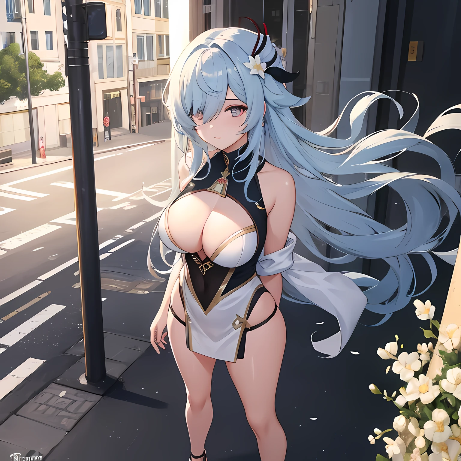 (masterpiece, best quality, ultra-detailed, highres), perfect face, sidelighting,  lustrous skin, standing,
(bloom), (shine), lighting, ray tracing, sci-fi, city, street, outdoor, depth_of_field,
shenhe \(genshin impact\), silver eyes ,  hair over one eye, (hair ornament) ,  curtain, high heels, long hair, whirlwind of water