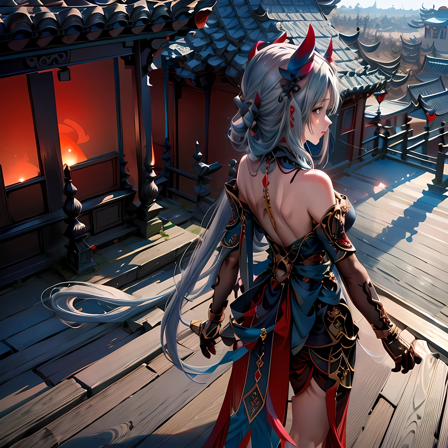 ((masterpiece,best quality)), highres, 1girl, hanya, horns, elbow gloves, from behind, looking back, from above, east asian architecture,