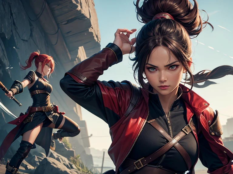 (best quality), (high detail), (vivid colors), (action), a beautiful female pirate versus a female ninja, HDR, 4K, 3D, watercolor art style.