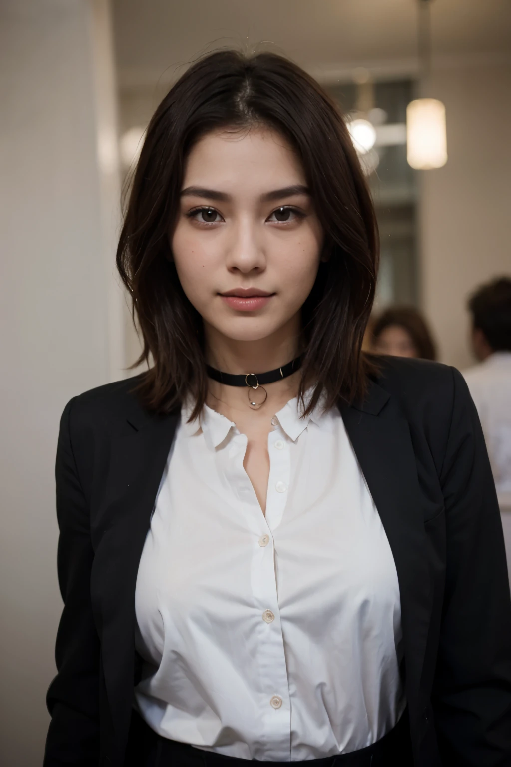 top-quality、masterpiece、超A high resolution、(realisitic:1.4)、Bautiful Women1、Beautiful detail eyes and skin、smile、Light brown middle-cut hair, She is Wearing a shirt and black suit, gorgeous chinese model, photo of slim girl model, IG-Modell, beautiful female model, Choker, 24, 24 years old, shirt and black suit, white skin, long-sleeved shirt