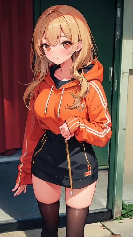 femaleの子 茶色の髪をしています,茶髪  茶色い髪is femaleの子， female, long hair, orange hoodie，Long Parka Zip Long Parka， Wearing knee-high socks, 茶色いLaced bootsを履く, Laced boots，brown boots，alone, alone, (alone)(whole body), has orange eyes,Orange eyes (perfect eyes)(masterpiece) thin thighs, narrow hips, , super big breasts, big breasts (super big breasts), 少female, is female， big chest