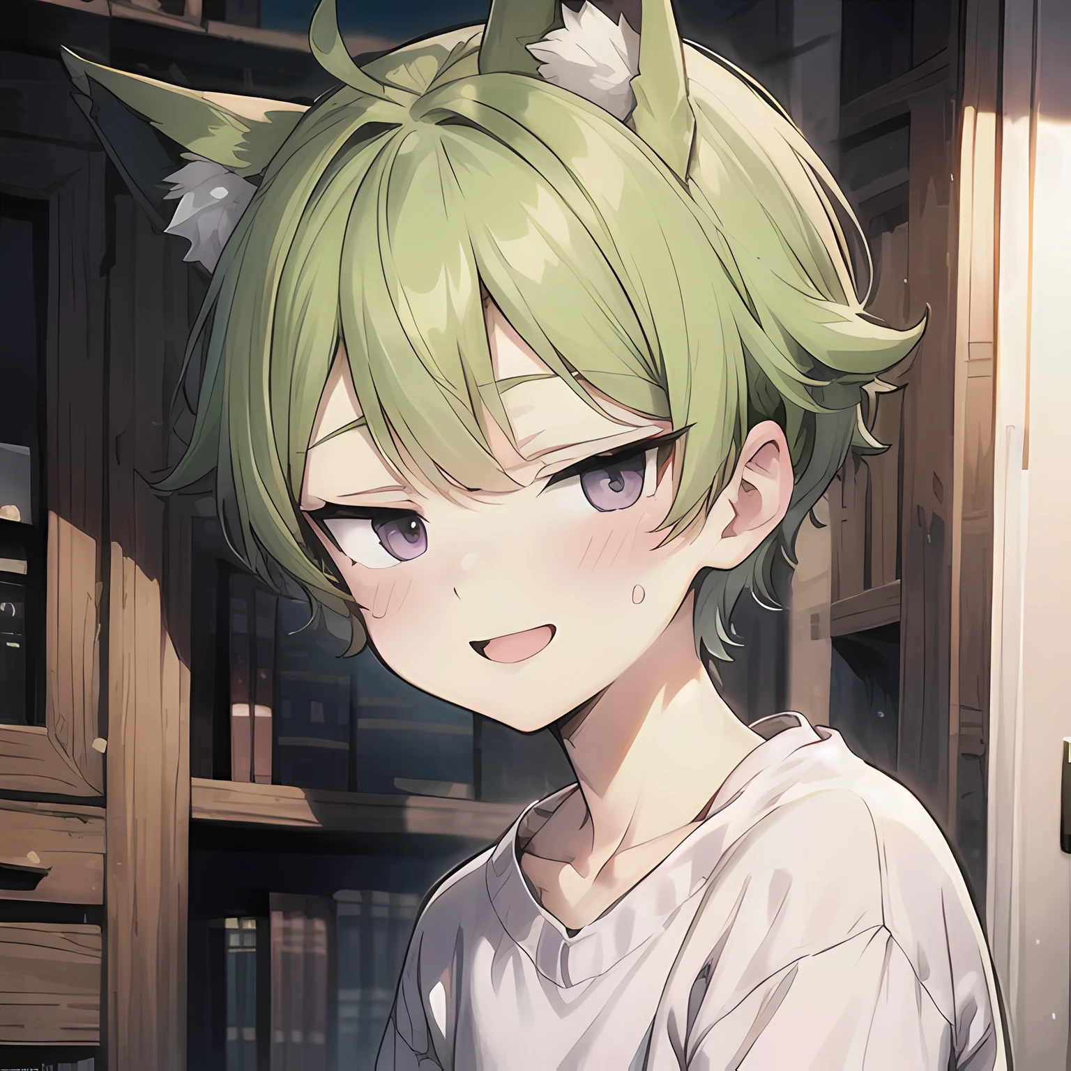 (Masterpiece, best quality, 8k, sharp), 1boy, moss green hair, fluffy bangs, short ponytail, (moss green fox ears that match hair color, three small moss green fox tails that match hair color, young, 8 ), flat chest, japanese, pale skin, wearing wool sweater, pale skin, ((big violet eyes, looking at viewer, cheerful expression)), human face, fisheye, cute, ((half-closed eyes))