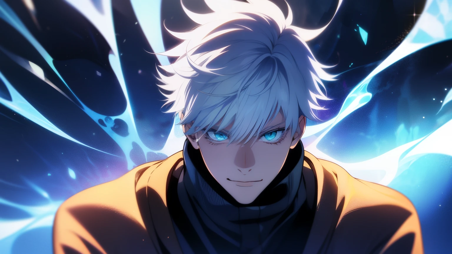 ((alto detalhe、cinematic lighting))、messy white hair、aquamarine eyes、white eyelashes、raios de deus、rastreamento de raio、sombra projetada、optical illusion、Tronco、Looking at the camera、obra de arte、((super detalhe、melhor qualidade、8k))、Jujutsu Kaisen、Gojo Gojo、Termo preto、Surgical unfolding、Fundo preto do jato perfeito、olhar sereno、Ser Poderoso、mystical atmosphere、(Estranho luar、menacing shadows、 Aura azul intensa、 Aura vermelha intensa、Symbol of the power that surrounds you、magical energy radiating、Mystical artifacts、ether particles、dynamic poses、Epic Soundtrack