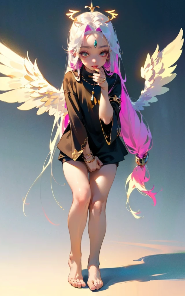 (Chibi: 1.3) (Masterpiece: 1.4), (Best Quality: 1.4), (Very Cute Angel Girl, Super Detailed Face, Jewel-like Eyes, White Very Long Hair, Colorful Gradient Hair: 1.4), (Angel Ring:
1.4), (Angel Wings: 1.4), (Full body, perfect 2 arms, perfect 2 legs: 1.4), Perfect 4 fingers: 1 thumb, light, shine, bokeh, super fine