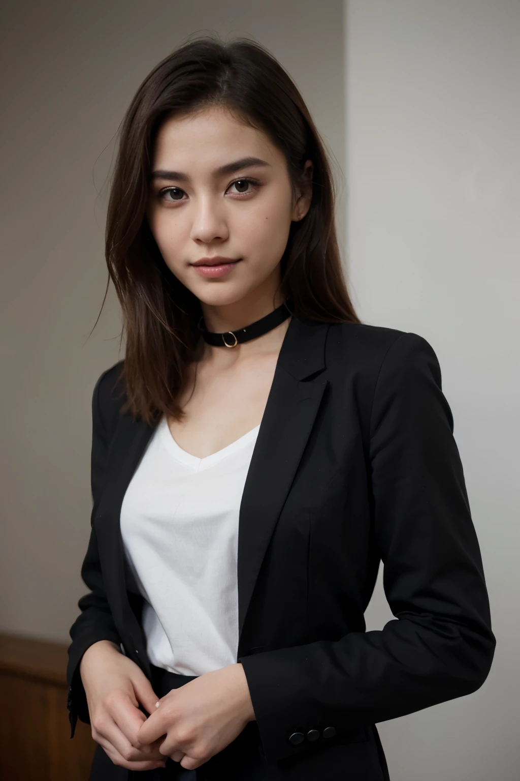 top-quality、​masterpiece、超A high resolution、(realisitic:1.4)、Bautiful Women1、Beautiful detail eyes and skin、smile、Light brown middle-cut hair, She is Wearing a shirt and black suit, gorgeous chinese model, photo of slim girl model, IG-Modell, beautiful female model, Choker, 24, 24 years old, shirt and black suit, white skin