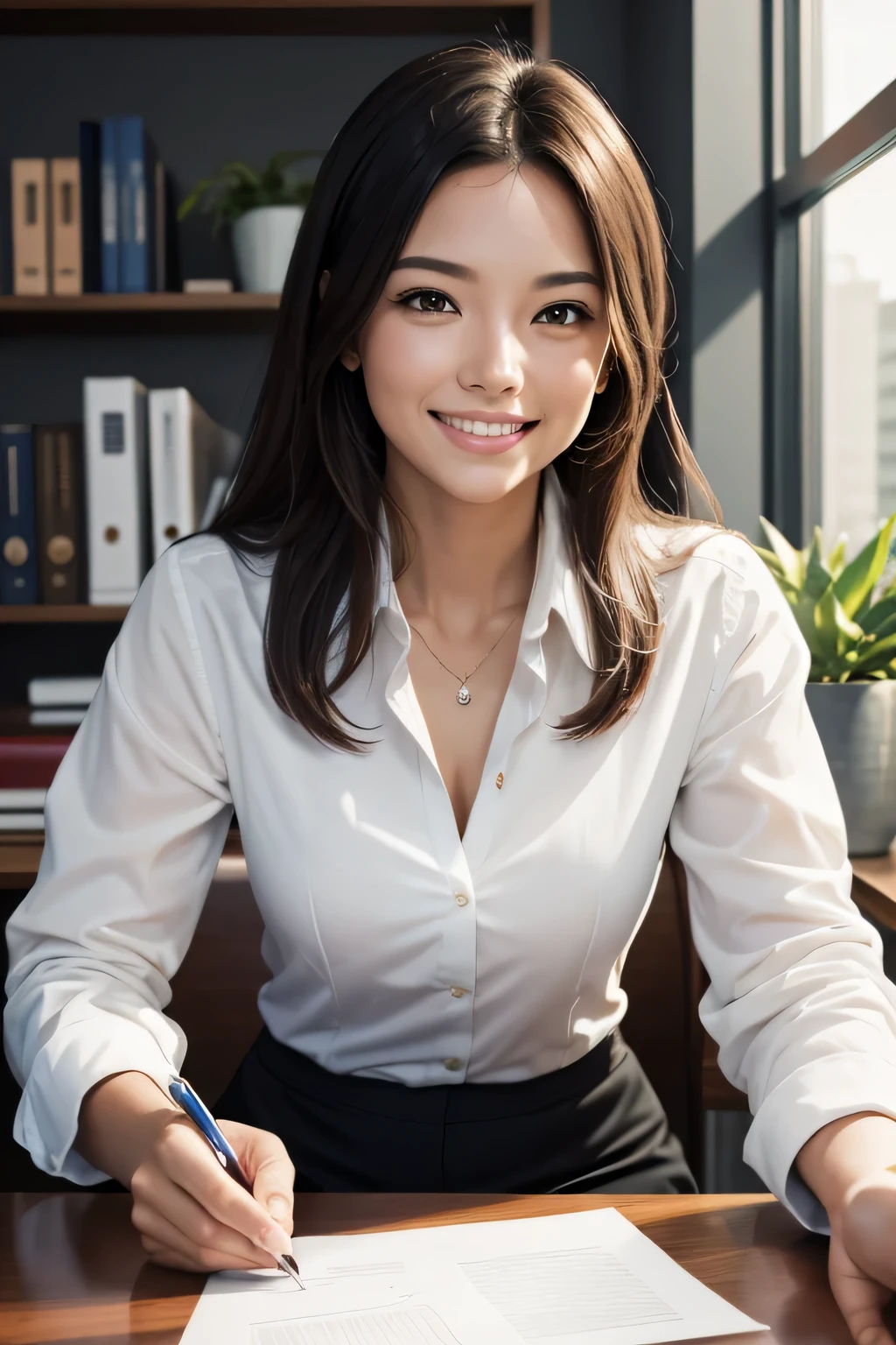 **portrait**, **photograph**, **woman smiling at desk**, **length, straight**, **suit, white shirt**, **smile, Happy**, **office with binder, plant**, **high quality**, **Center framing**, **Women's Center**, **eye level shot**, **close up shot**, **Front view**, **Natural light**, **warm colors**