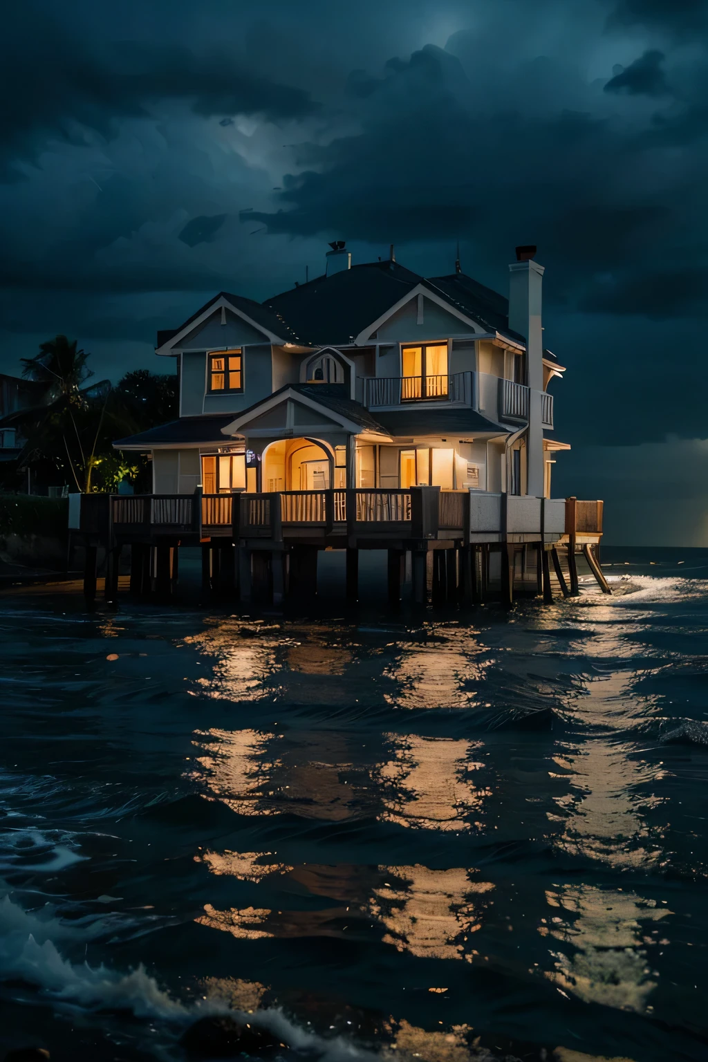 a beautiful high quality image of  lighting house in the sea side  in night in cloudy and rainy weather