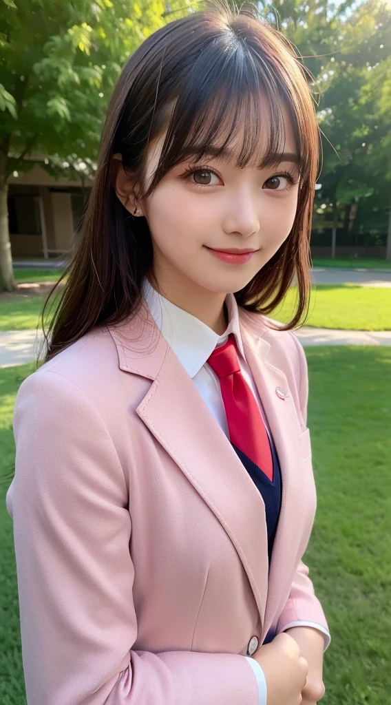 ((highest quality, 8K, masterpiece:1.3)), 1 girl, slim, (hairstyle short, big:1.2), (pink y-shirt, red tie, dark blue blazer:1.2), Slender Face, delicate eyes, double eyelid, bright smile, schoolyard, grass, sunlight, Uplifting, whole body