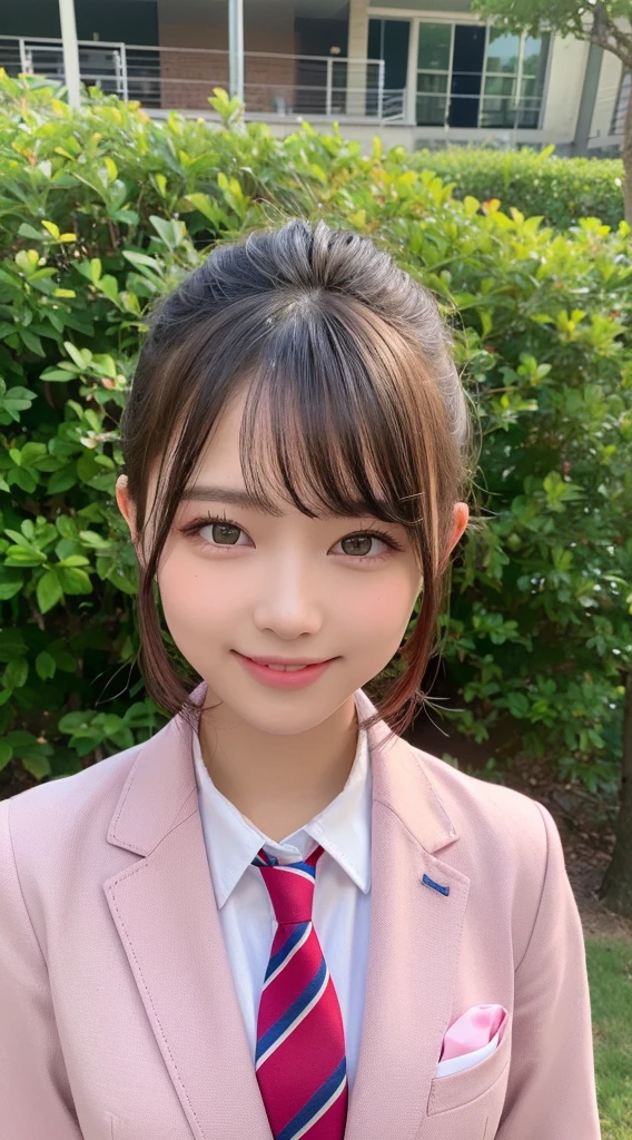 ((highest quality, 8K, masterpiece:1.3)), 1 girl, slim, (hairstyle short, big:1.2), (pink y-shirt, red tie, dark blue blazer:1.2), Slender Face, delicate eyes, double eyelid, bright smile, schoolyard, grass, sunlight, Uplifting, whole body
