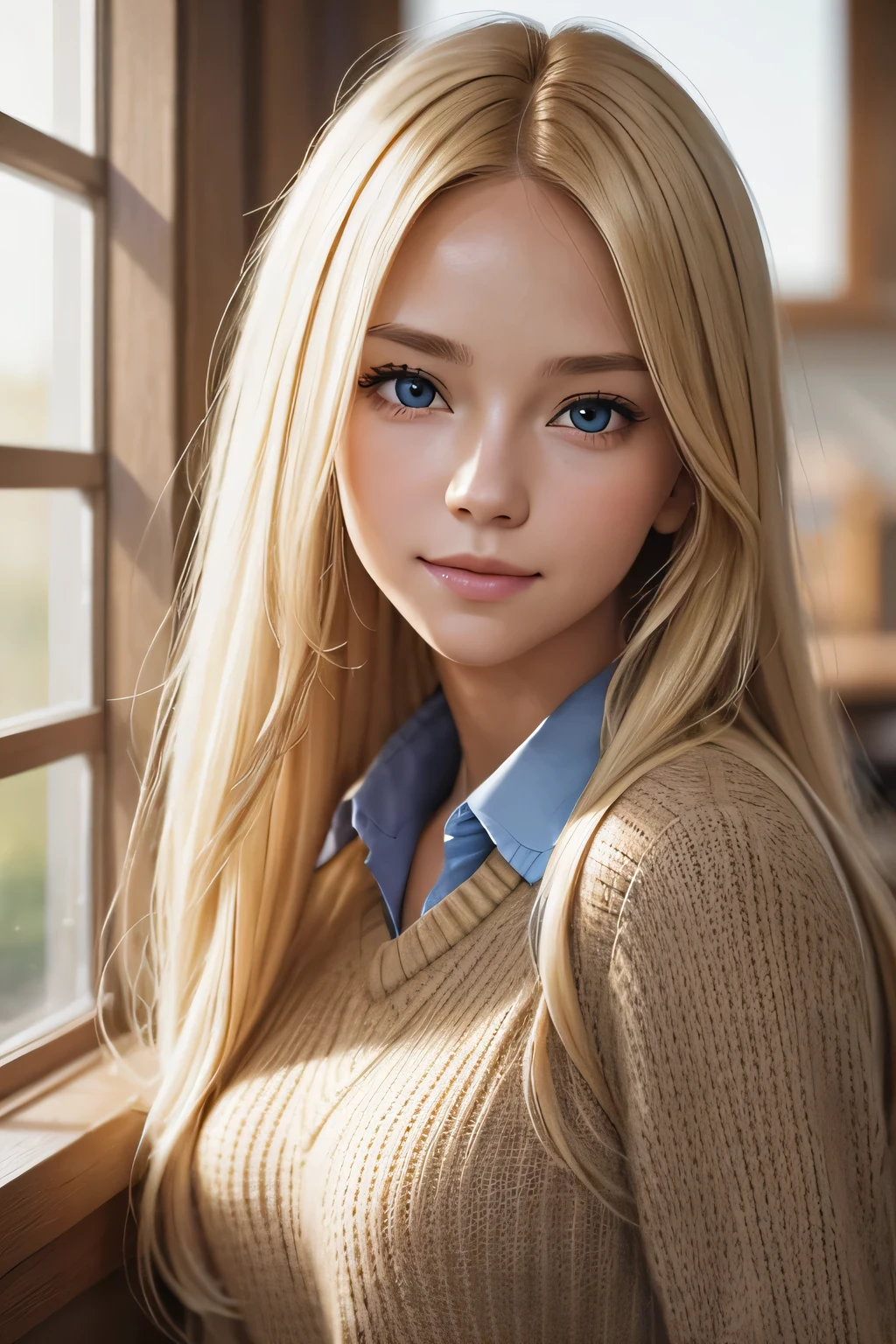portrait, photograph, Woman facing the camera, long blonde hair, sweater, collared shirt, Happy, approachable, nature color, Blurry classroom environment, High resolution, 8K, Center framing, Women's Center, eye level, close up shot, Front view, soft lighting, nature, shallow depth of field, background blur, nature, balanced tone