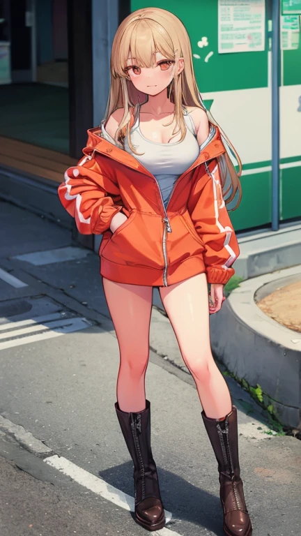 femaleの子 茶色の髪をしています,茶髪  茶色い髪is femaleの子， female, long hair, orange hoodie，Long Parka Zip Long Parka， Wearing knee-high socks, 茶色いLaced bootsを履く, Laced boots，brown boots，alone, alone, (alone)(whole body), has orange eyes,Orange eyes (perfect eyes)(masterpiece) thin thighs, narrow hips, , super big breasts, big breasts (super big breasts), 少female, is female， big chest