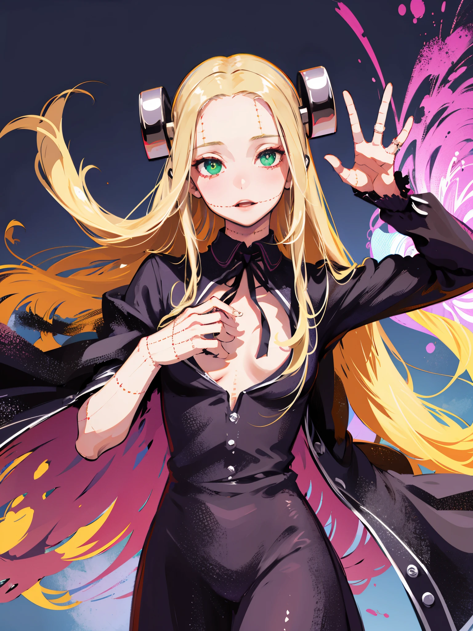 ((masterpiece, best quality)), (1girl), (solo), (female focus), (ash blonde hair, long hair, hair over one eye), green eyes, sad eyes, cold facial expression, cold look, pale skin, colour grading, dark illustration, extreme quality, radiant, extremely detailed, ultra-detailed face, ultra hd 8k, ultra digitality, mythical, dark lightning, perfect face, beautiful, (perfect composition: 1. 4), detailed face and body, award-winning photography , fields, detailed face, detailed hands, looking at the viewer, cinematic lighting, embers, (necromancer), (villain), (masterpiece, best quality, ultra-detailed, best shadow), (beautiful detailed face, feminine features), (best illumination), ((cinematic light)), colorful, hyper detail, dramatic light, intricate details, (dark circle under eyes), gothic, decadence, stunning, eerie, (madaraki fran)