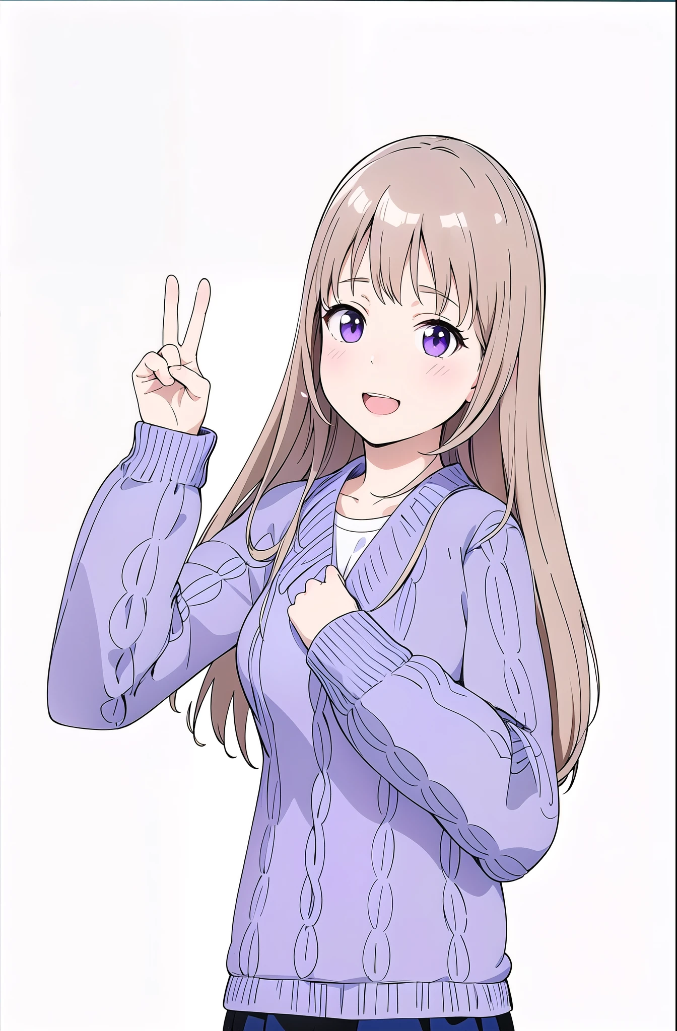 A girl, purple sweater, blue skirt, hand pressed against the chest, raised hand up, long straight hair, background, Sakura, blooming tree, falling petals, girl smiling, (best quality, 4k, highres, masterpiece:1.2), ultra-detailed, (realistic, photorealistic:1.37), portraits, vibrant colors, soft lighting