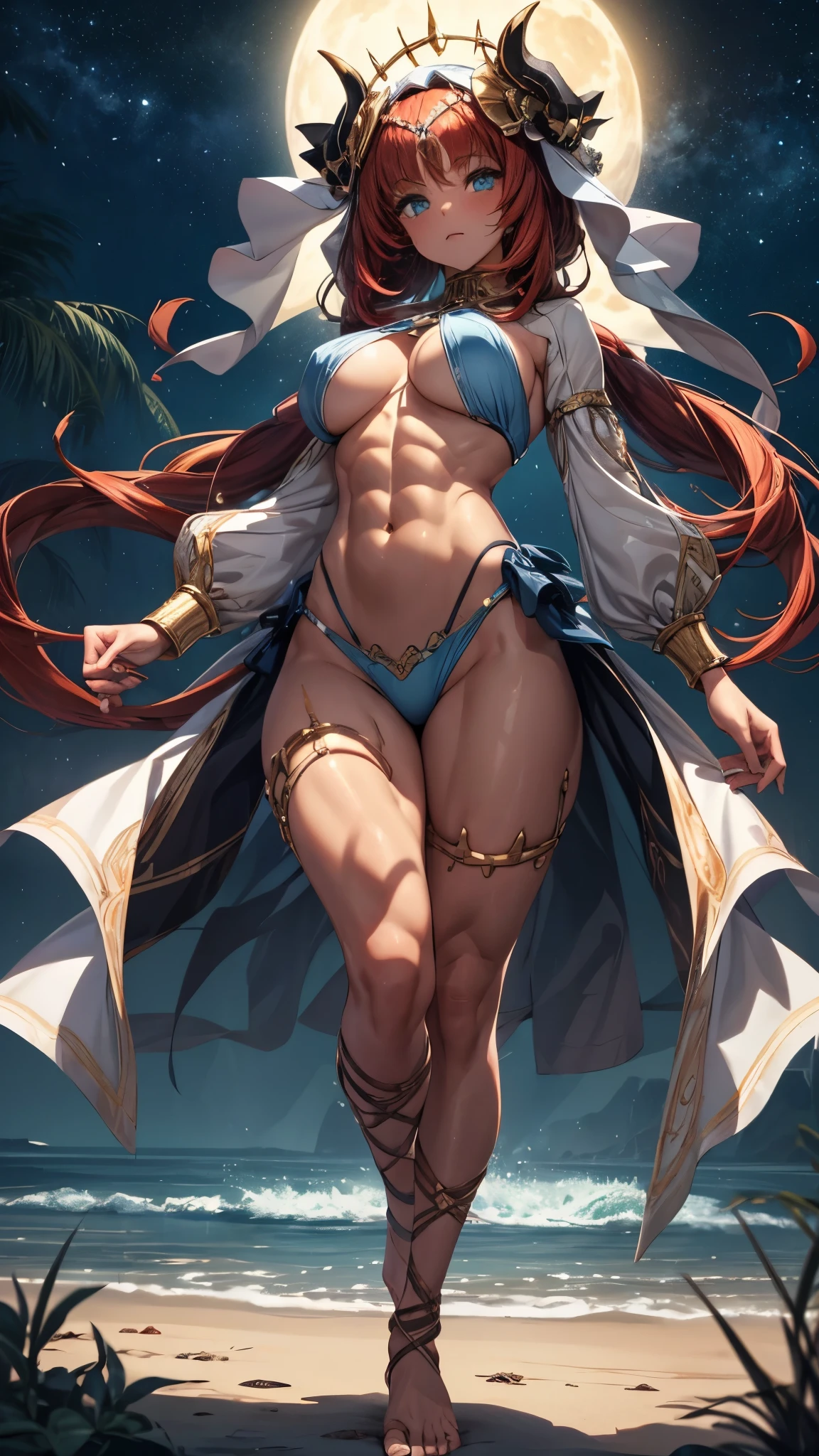 a girl, (Nilou from Genshin Impact), with a straight haircut, big and expressive eyes, (wearing a very short and sensual bikini), (wearing blue nail polish on her hands and blue nail polish with pink on her feet), ((( thin, muscular legs))), blue eyes, (((nilou))), red hair, long, mesmerizing hair, medium breasts, (muscular belly), wide hips, thin waist, big ass, perfect feet with very fine toes detailed, Perfect hands and fingers very well detailed, toenails a little square, standing, barefoot, full body photo, on the beach, at night with starry sky and full moon in the sky, bad mood, reflection in the eye, Bright eyes , Sulking, anime, anime style, Cinematic lighting, ray tracing, Panorama, Sony FE, high definition, artwork, anatomically correct, Textured skin, super detail, high quality, high resolution, high definition, 16k Consume